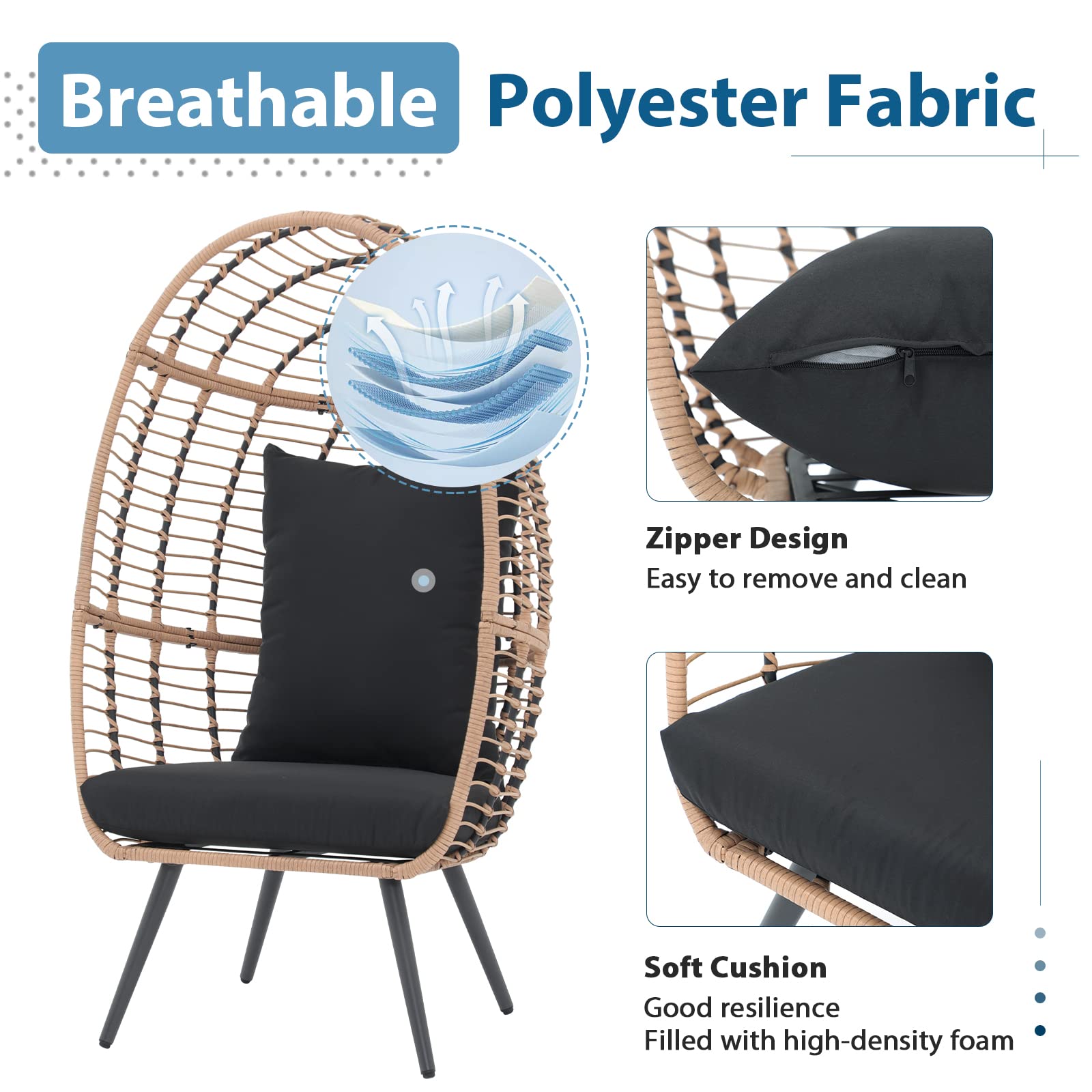 JOIVI Oversized Wicker Egg Chair - Indoor/Outdoor Rattan Hanging Lounger with Stand & Cushions - Patio, Porch, Backyard, Living Room, Balcony Furniture - Perfect for Relaxing, Reading & Sunbathing (Beige Rattan, Black Cushion)