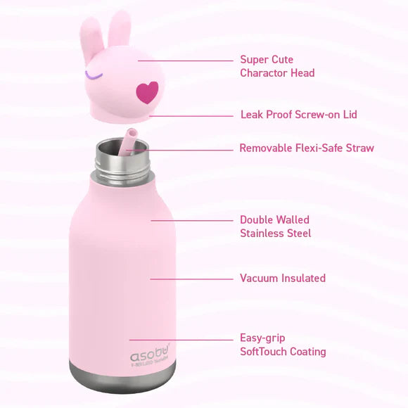 Asobu Bunny Bestie Insulated Water Bottle - Cute & Leak-Proof Stainless Steel Thermos for Kids, School, Travel & Outdoor Activities