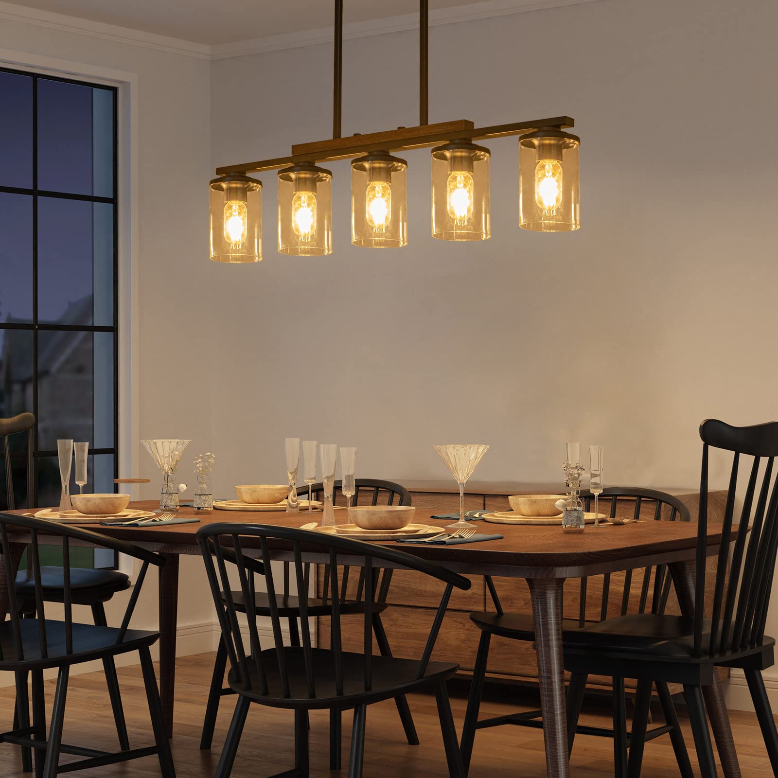 Farmhouse 5-Light Kitchen Island Chandelier - Rustic Wood Frame & Black Metal Finish with Clear Glass Shades - Adjustable Pendant Lighting for Dining Table, Kitchen Island - Perfect for Farmhouse, Rustic & Industrial Style Home Decor