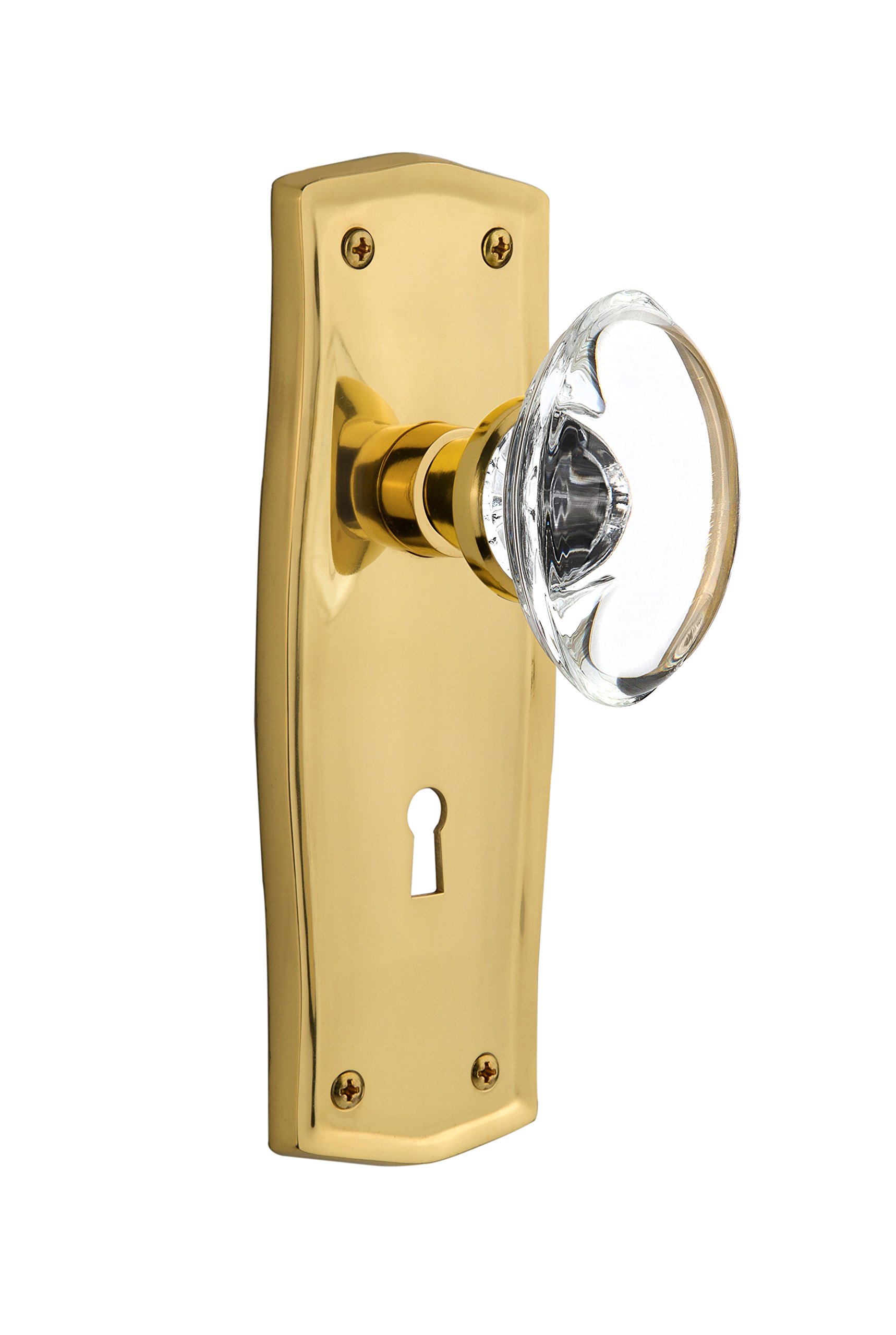 Nostalgic Warehouse 711502 Single Dummy Polished Brass Prairie Plate with Keyhole Oval Clear Crystal Glass Knob - Vintage Cabinet Hardware for Kitchen, Bathroom & Furniture Restoration