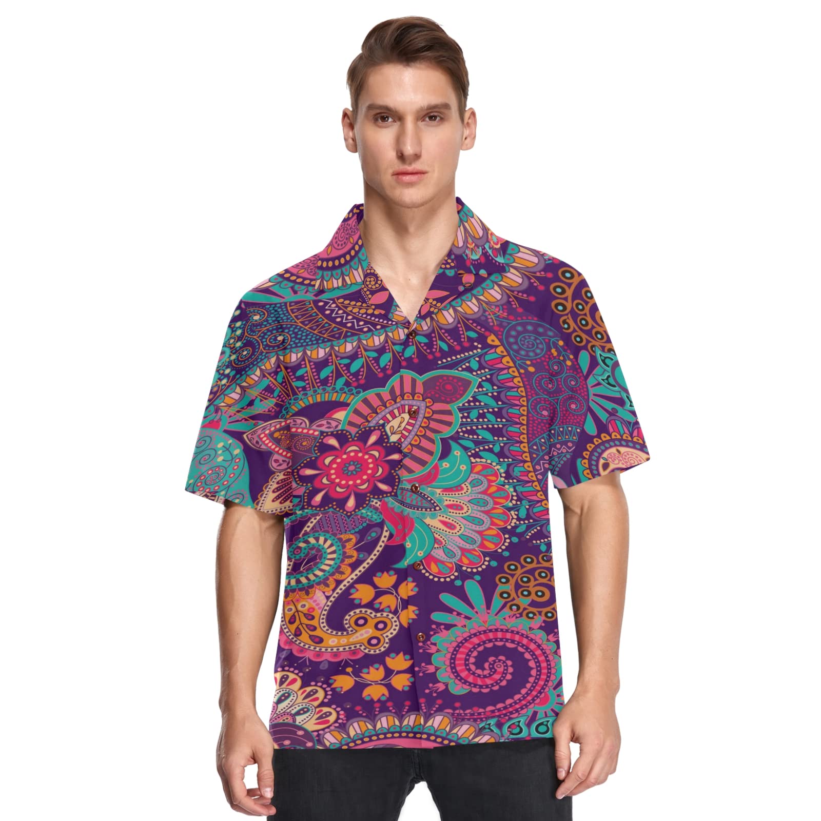 India Mandala Floral Men's Hawaiian Shirt - Short Sleeve Boho Button Down Aloha Shirt for Beach, Vacation & Summer Wear - Breathable Cotton Casual Dress Shirt for Tropical Parties, Luau & Outdoor Events