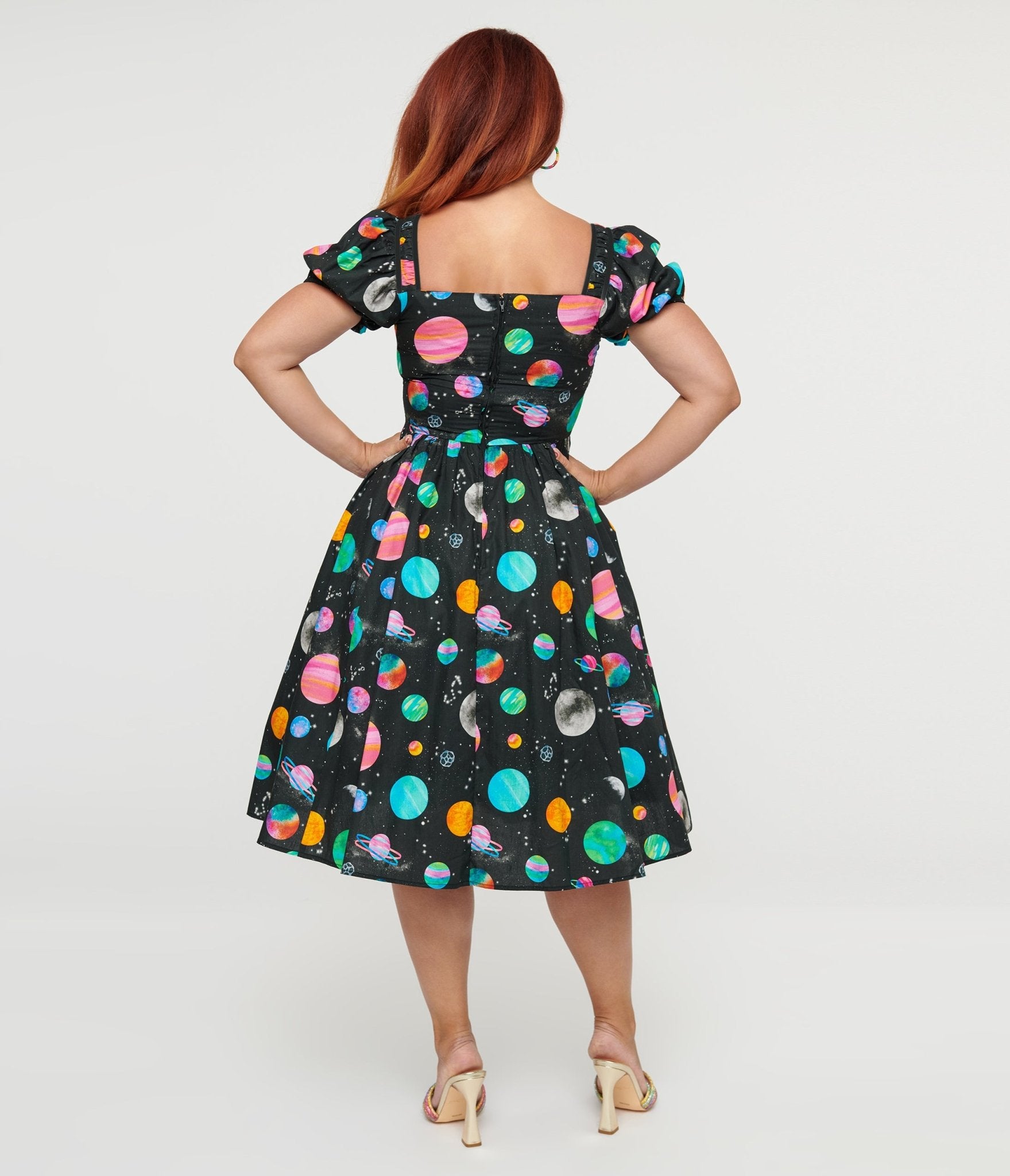 Vintage 1940s Black Planet Print Button Front Dress - Retro Swing Dress for Women, Unique 1940s Style Fashion, Perfect for Cosplay, Themed Parties & Vintage Lovers