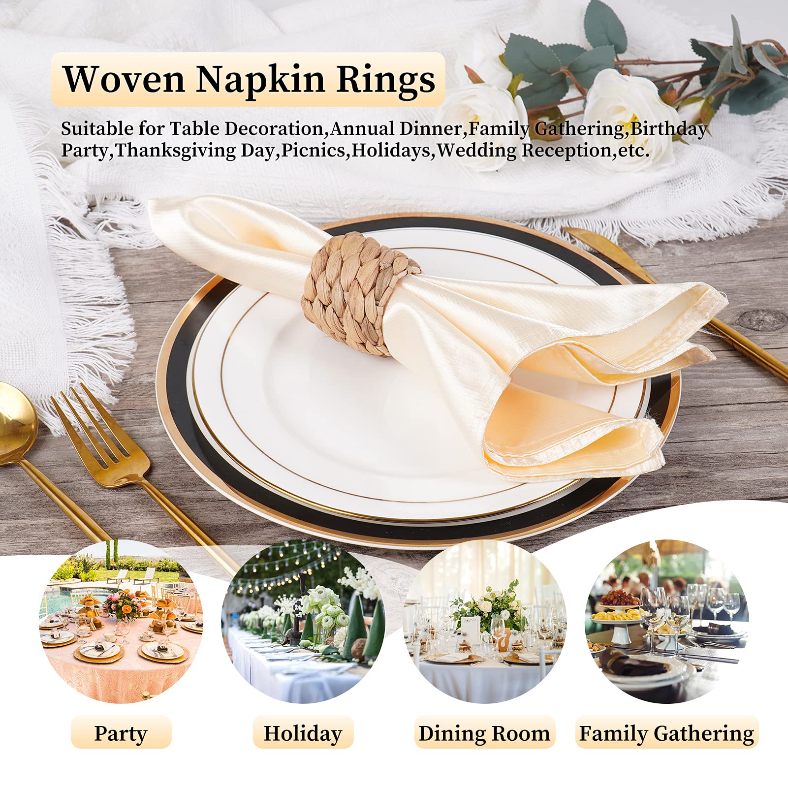 Elegant Set of 6 Handmade Water Hyacinth Napkin Rings - Fall Farmhouse Table Decor for Thanksgiving, Christmas & Weddings - Perfect for Holiday Dining & Special Occasion Table Settings