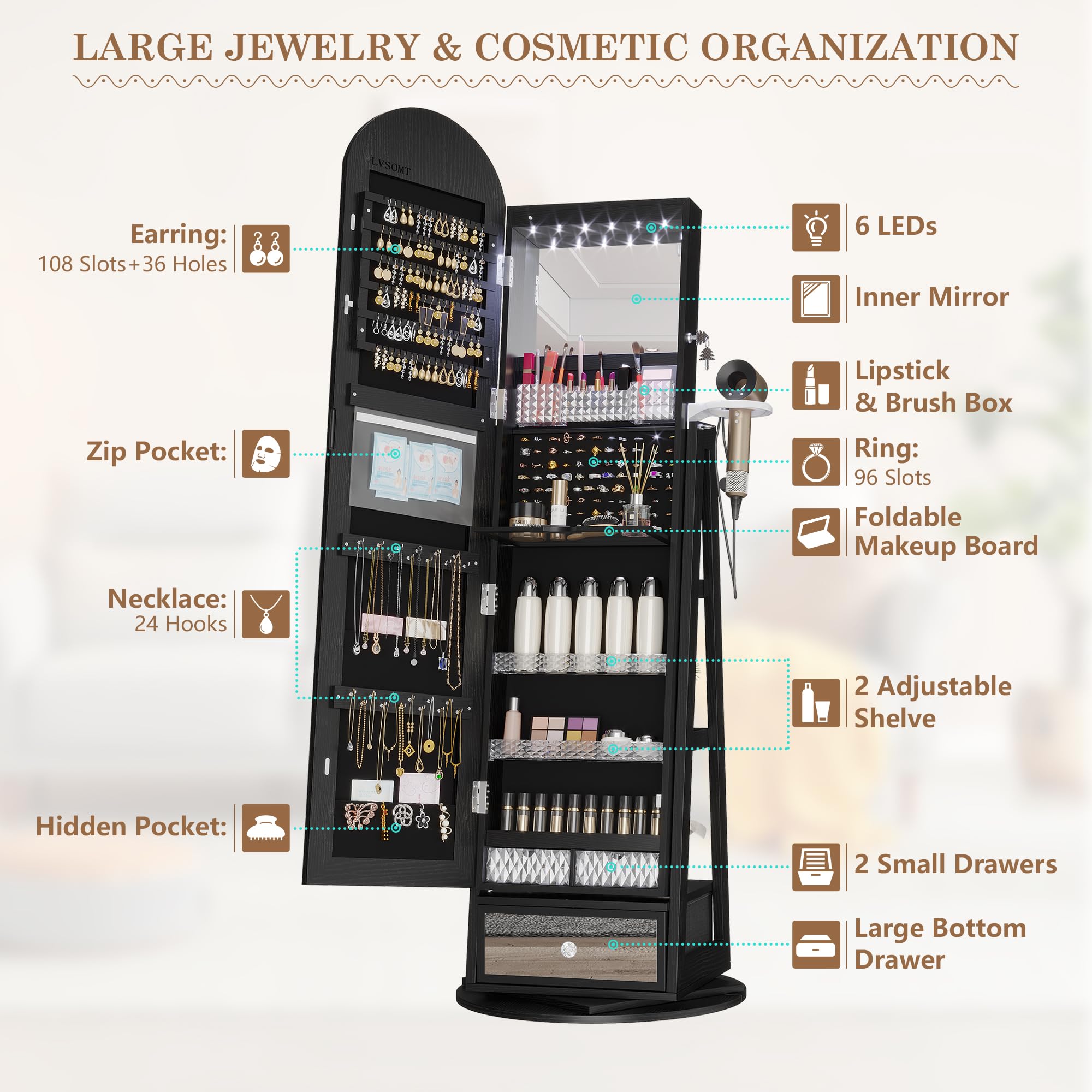 360° Swivel Arched Jewelry Mirror Cabinet with LED Lights - 64