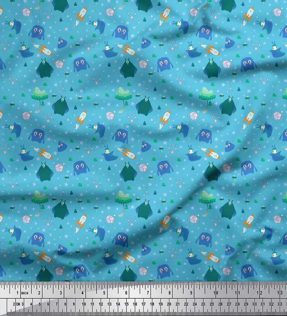 Soimoi Blue Polyester Crepe Fabric by The Yard - 52 Inch Wide - Star Planet Alien Cartoon Print Textile for DIY Sewing, Quilting, Costumes & Galactic Themed Decor