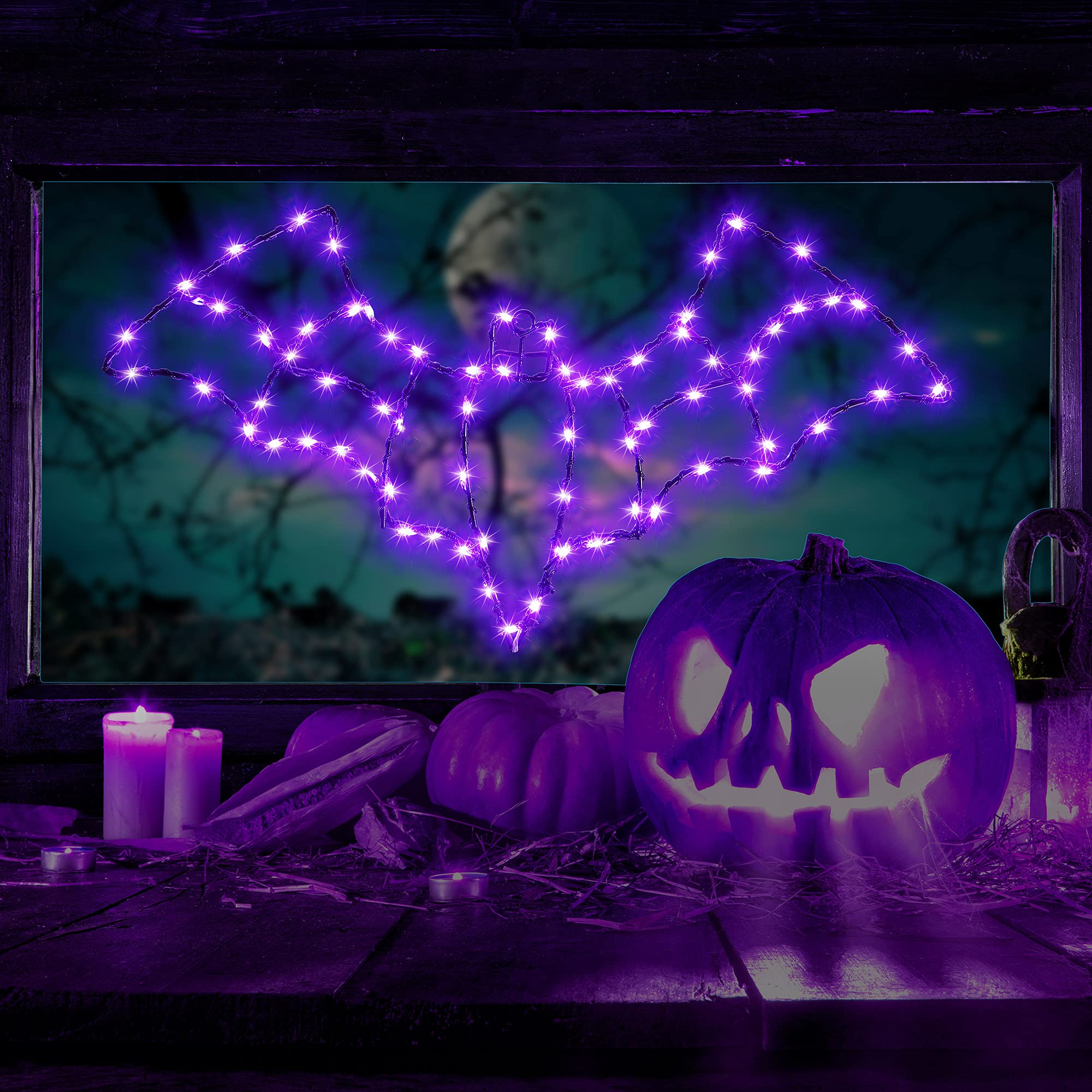 Halloween Window Lights - Bat & Ghost Shaped LED Silhouette Decor with Remote Timer, USB Powered (Purple Light) - Perfect for Indoor Party, Haunted House & Spooky Home Decoration
