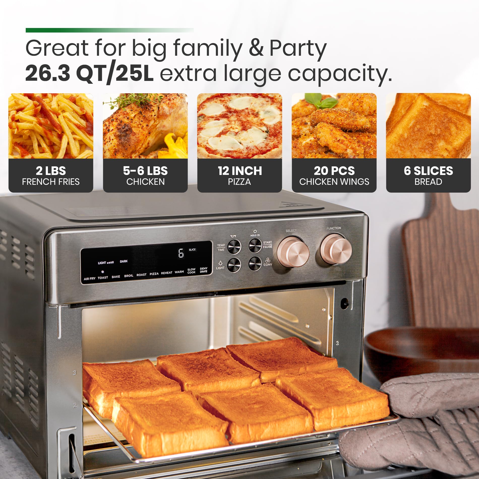 **10-in-1 Large Infrared Heating Air Fryer Toaster Oven – 6-Slice Countertop Convection Oven with Enamel Baking Pan & Recipe Book – Black Matte Stainless Steel – Perfect for Baking, Roasting & Healthy Cooking**