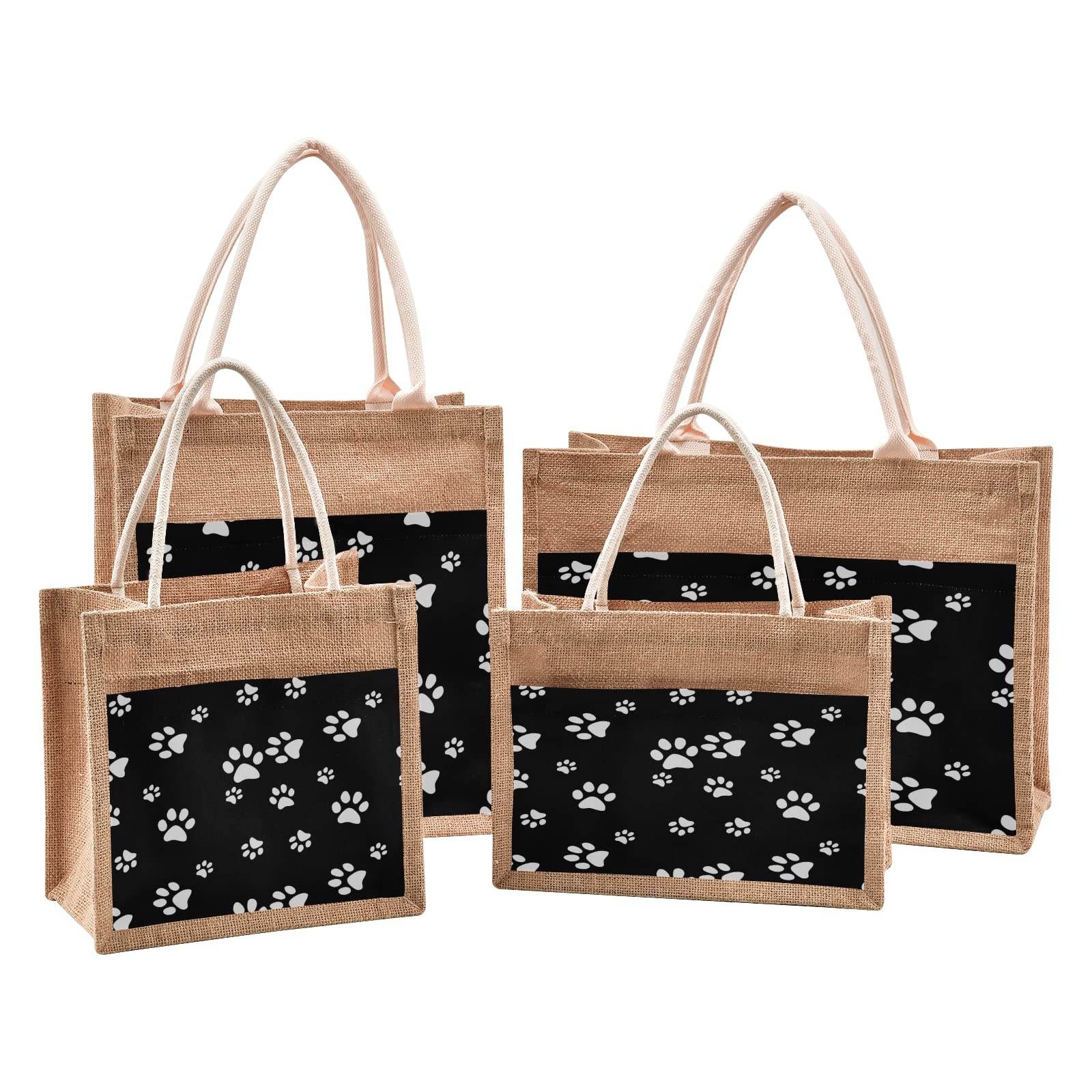 ALAZA Eco-Friendly Paw Print Black Jute Tote Bag for Women - Reusable Grocery Shopping Bag with Sturdy Handles - Perfect for Beach, Market & Travel (8.7