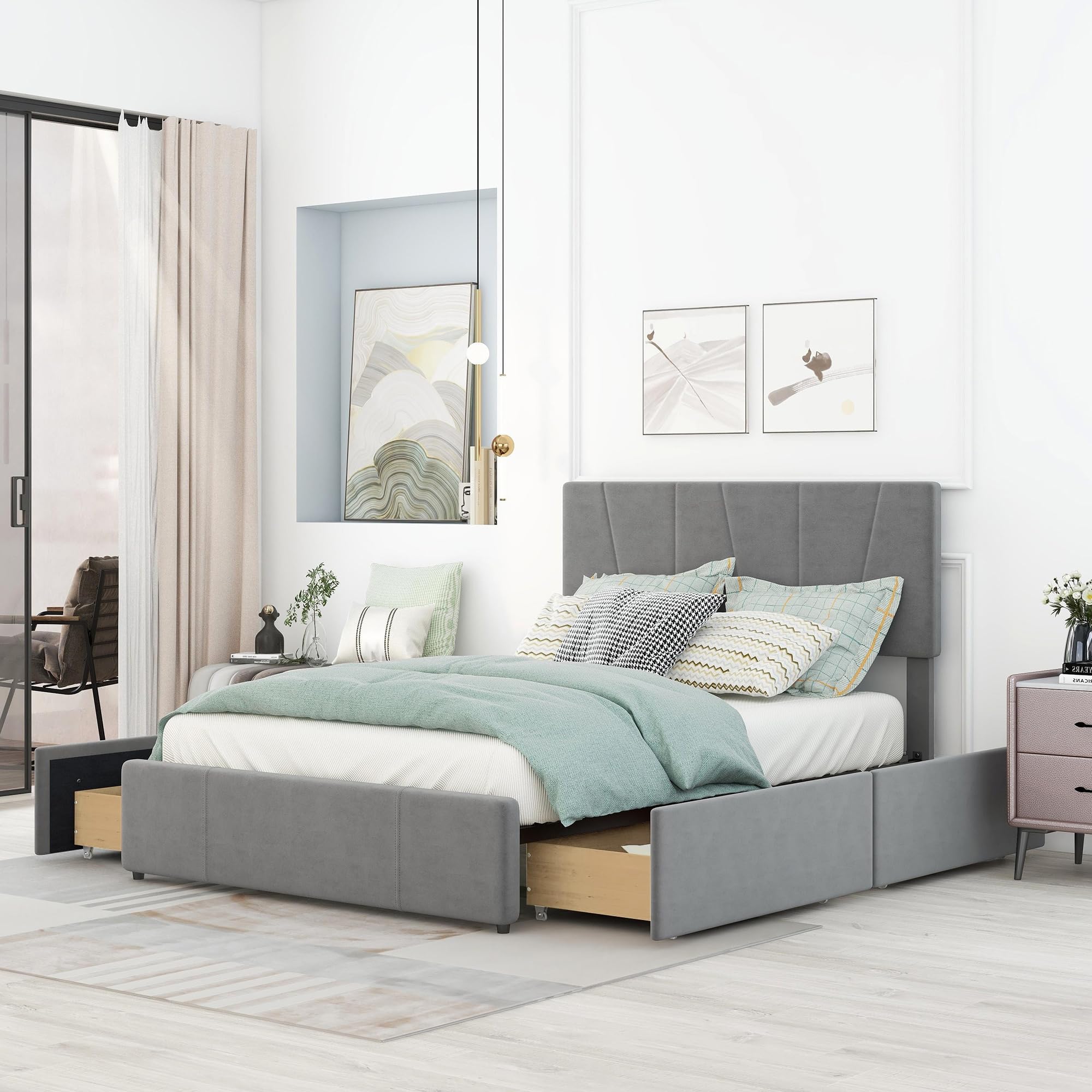 Polibi Full Size Velvet Upholstered Platform Bed with 4 Storage Drawers & Adjustable Headboard - No Box Spring Needed, Grey - Perfect for Small Bedrooms & Modern Apartments