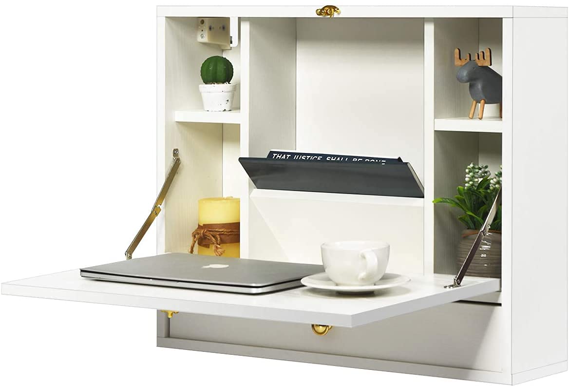 Topment Wall Mounted Folding Desk - Space Saving Home Office Workstation with Storage | White Hanging Laptop Desk for Small Spaces | Perfect for Bedroom, Study & Apartment Workspaces