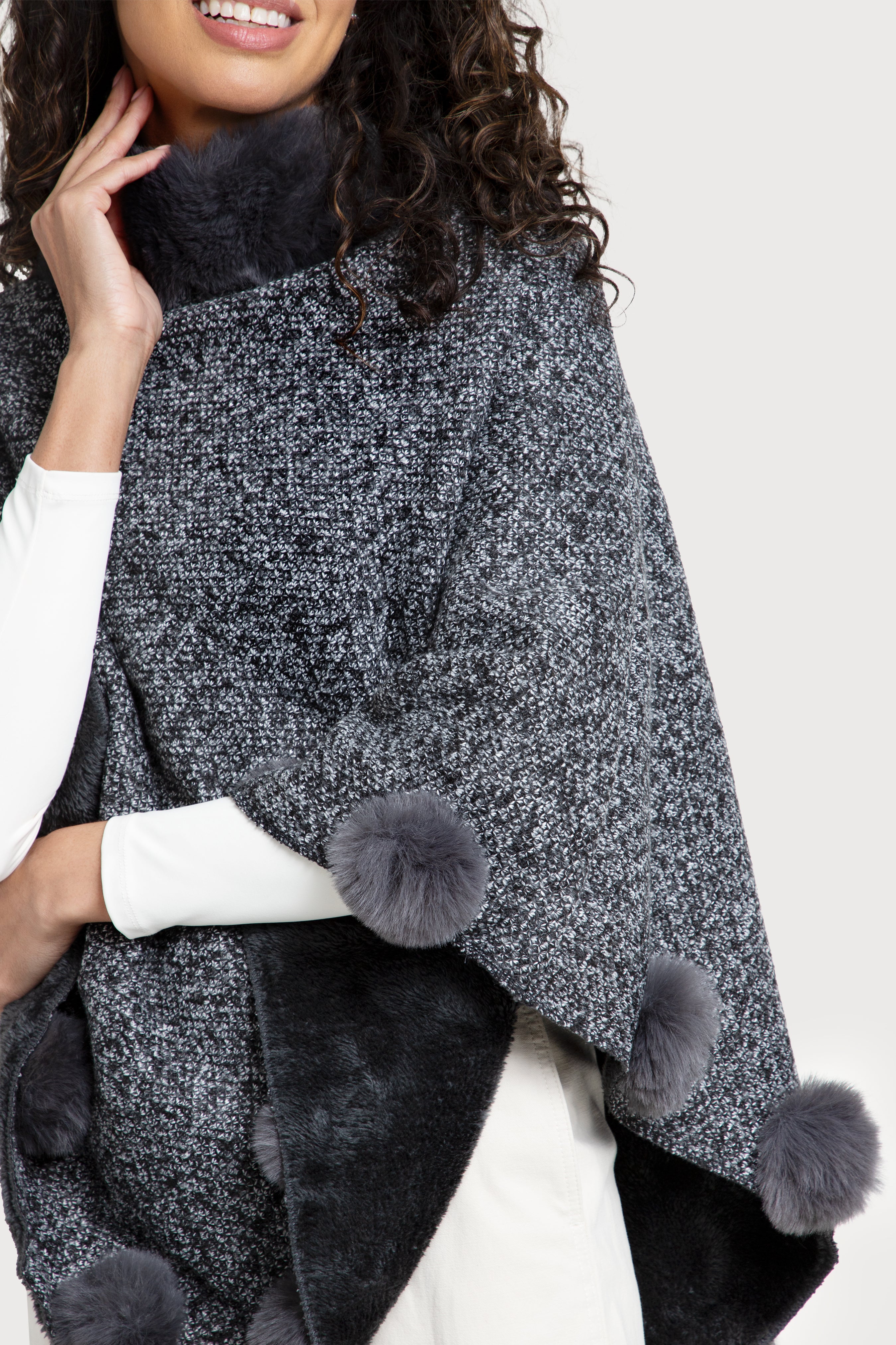 Cozy Faux Fur Poncho with Pom Pom Trim - Women's Winter Cape Shawl for Outdoor & Indoor Wear