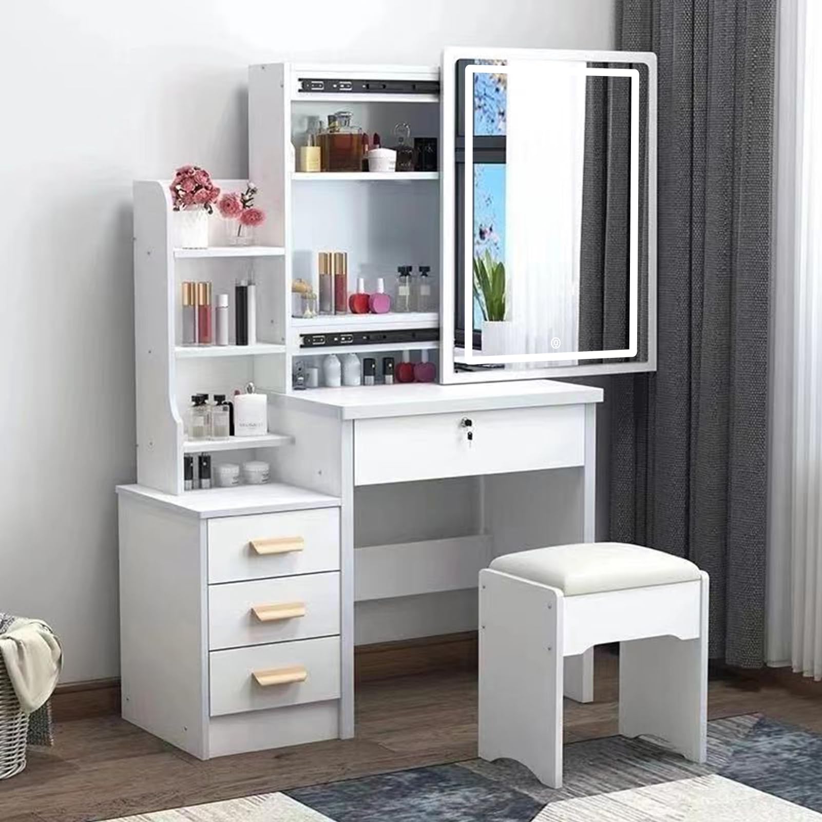 Vanity Desk with LED Lights & Mirror - Makeup Vanity Table with 4 Drawers, Storage Shelves & Adjustable Lighting (3 Color Modes) - White Dressing Table for Bedroom, Bathroom, or Dorm Room - Perfect for Makeup Application, Skincare Routine & Home Decor