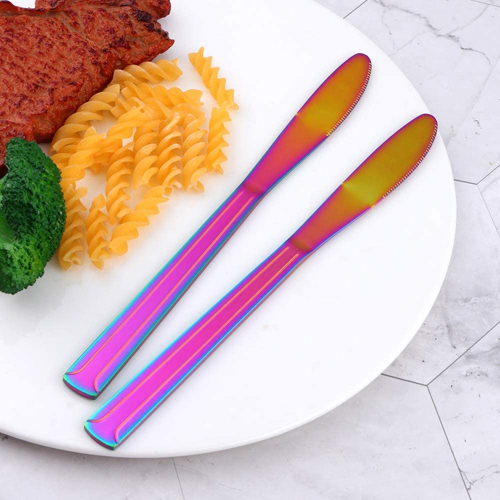 Rainbow Stainless Steel Dinner Knives Set of 12 - Titanium Coated Butter & Steak Knives with Elegant Line Design for Daily Use, Catering, Restaurants & Weddings - Perfect for Fine Dining, Home Entertaining & Professional Kitchen Service