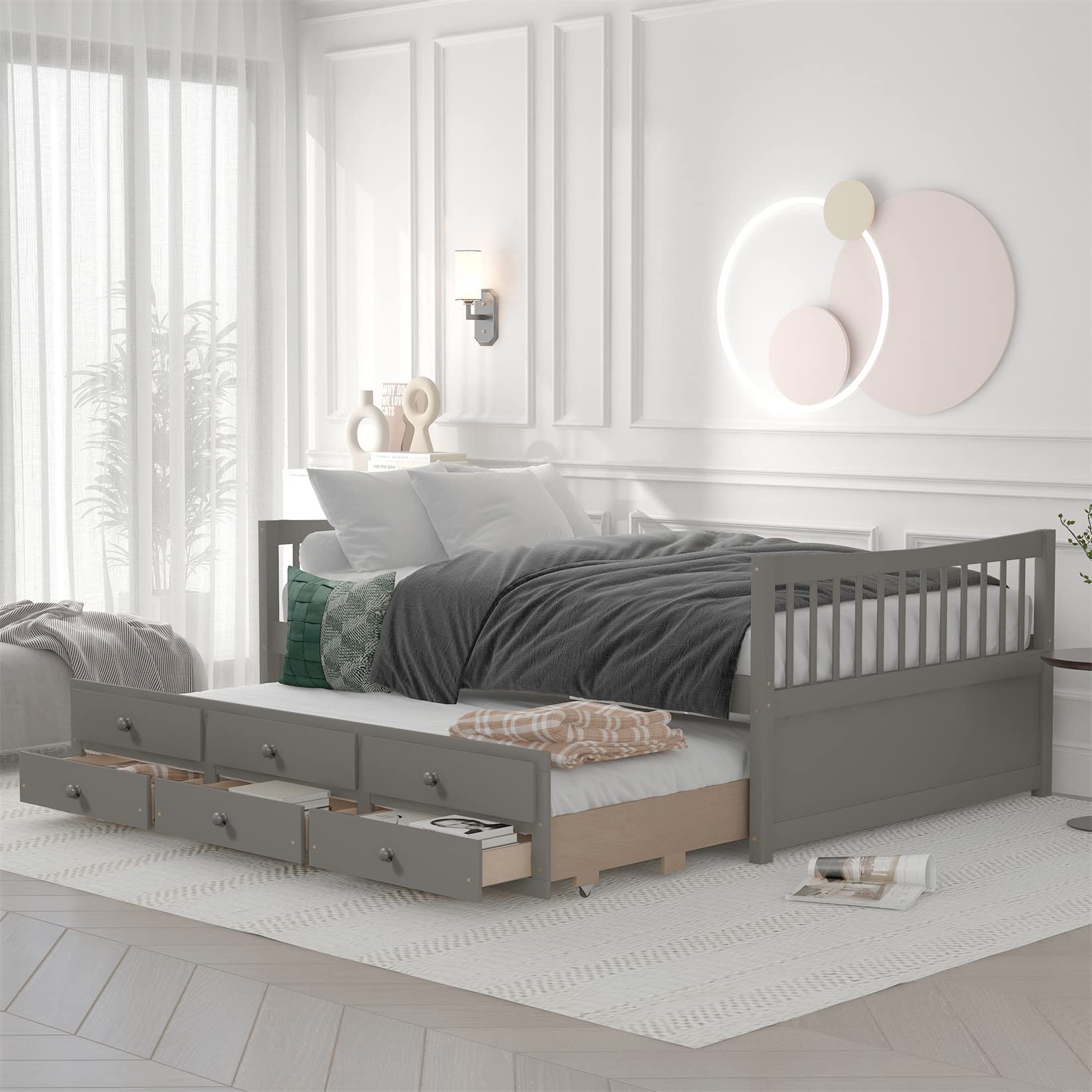 Full Size Wooden Daybed with Trundle & 3 Storage Drawers - Solid Wood Platform Bed Frame for Kids, Teens, Boys & Girls (Gray) - Perfect for Guest Rooms, Dormitories & Small Spaces