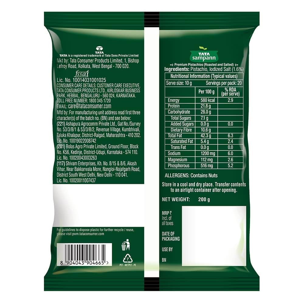 Premium Roasted & Salted Pistachios - Tata Sampann Shelled Pista Nuts (200g) | High in Protein, Fiber & Phosphorus | Crunchy Healthy Snack for Weight Loss, Keto Diet & Office Snacking