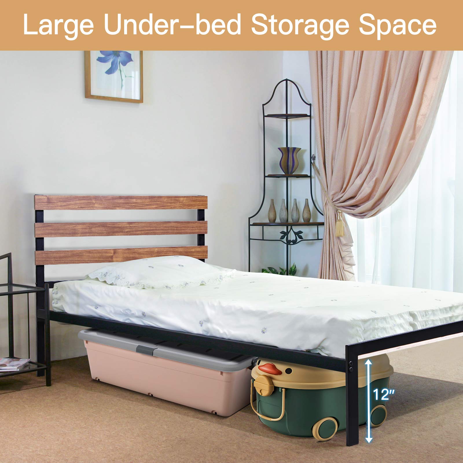 **Giantex Twin Size Metal Bed Frame with Headboard - Heavy Duty Platform Bed, Wooden Slat Support & Under Bed Storage - No Box Spring Needed, Easy Assembly - Perfect for Small Spaces, Kids Rooms & Guest Bedrooms**