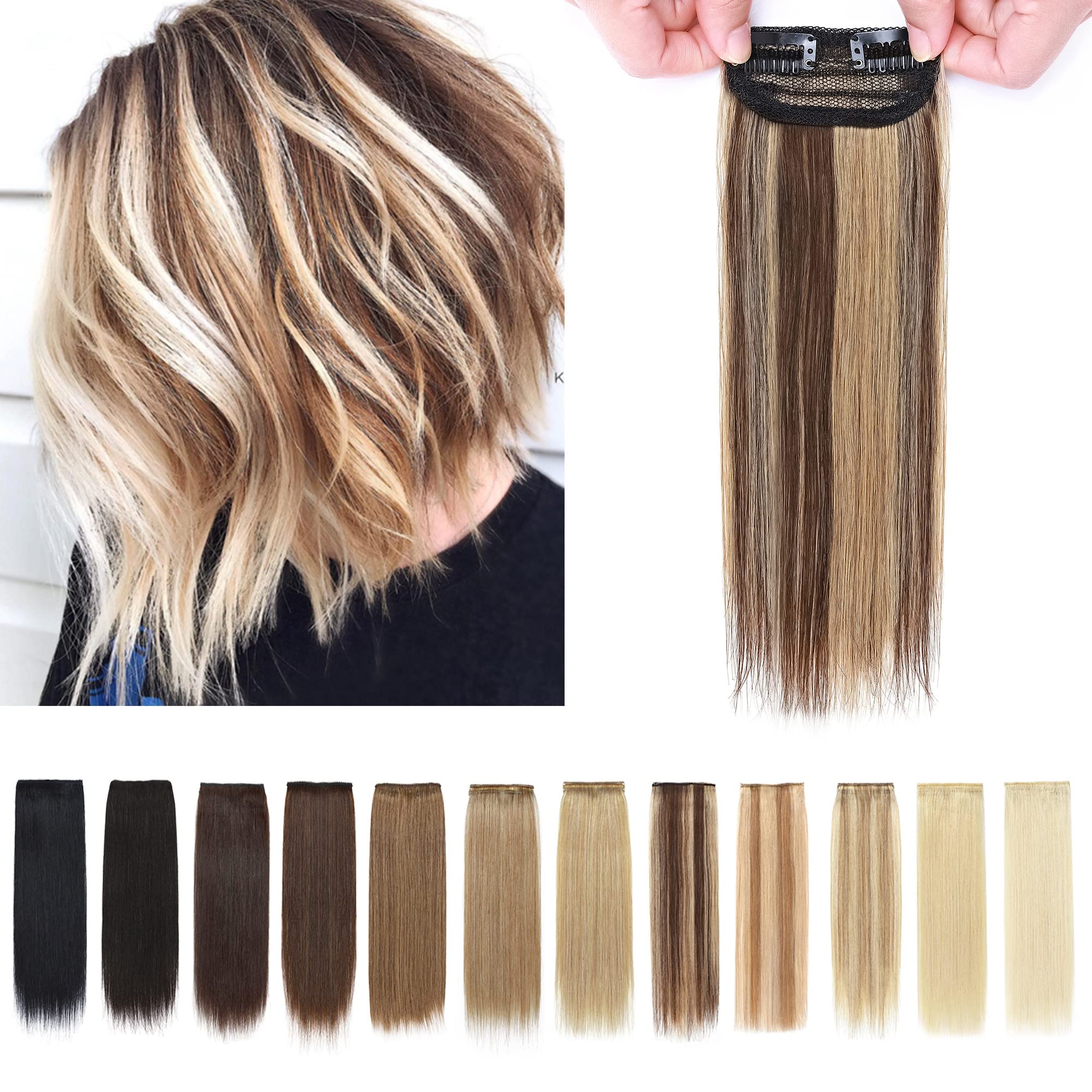 SEGO 2 Pcs Clip-in Human Hair Extensions 10 Inch Short Real Human Hair Toppers for Women with Thinning Hair - Adds Volume & Natural Look (#4P27 Medium Brown & Dark Blonde) | Perfect for Daily Wear, Parties & Special Occasions