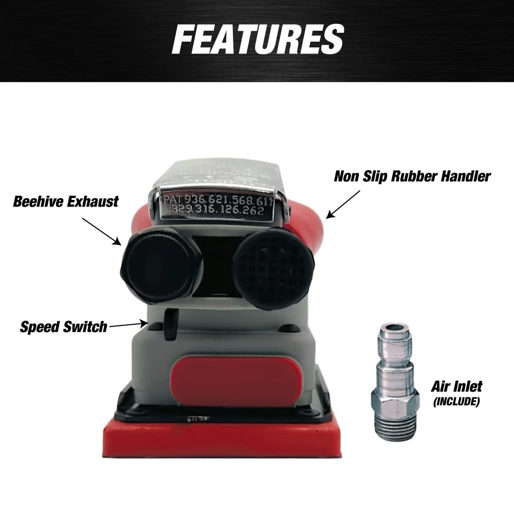 MAXX PROS 3 x 4 Square Orbital Sander - Professional Pneumatic/PSA/Vinyl Sanding Machine (75 x 100mm) for Car Waxing, Auto Body Repair, Woodworking & Polishing | Perfect for DIY Projects, Automotive Detailing & Furniture Refinishing