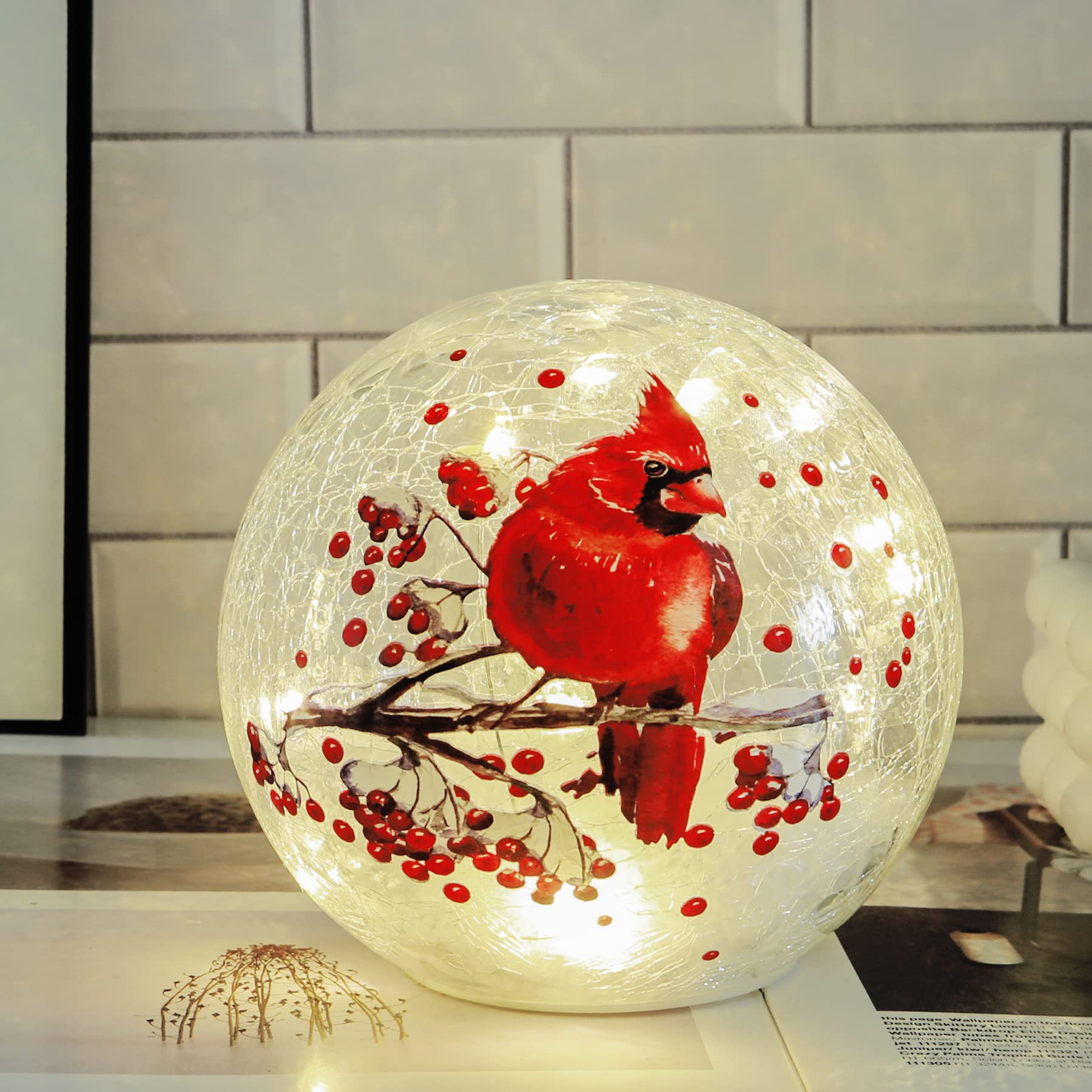 Crackle Glass Ball Cardinal Lamp - LED Lighted Red Bird Stained Glass Christmas Decor, Globe Table Night Light for Home & Office, Perfect Mother's Day Gift - Ideal for Bedroom, Living Room & Holiday Decorations