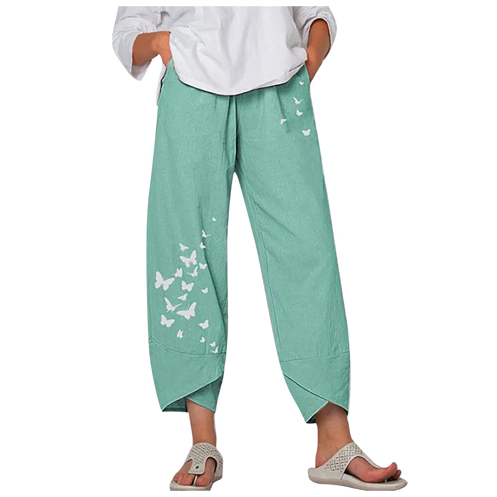 Women's High Waist Linen Capri Pants with Pockets - Floral Print Casual Harem Pants for Summer | Pull-On Comfort for Beach, Yoga & Travel