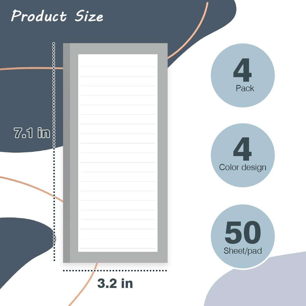 4 Pack Magnetic Notepads for Refrigerator - Strong Full Magnet Back Memo Pads, 50 Sheets per Pad for To-Do Lists & Shopping Lists (Simple Style) - Perfect for Kitchen, Office & Home Organization