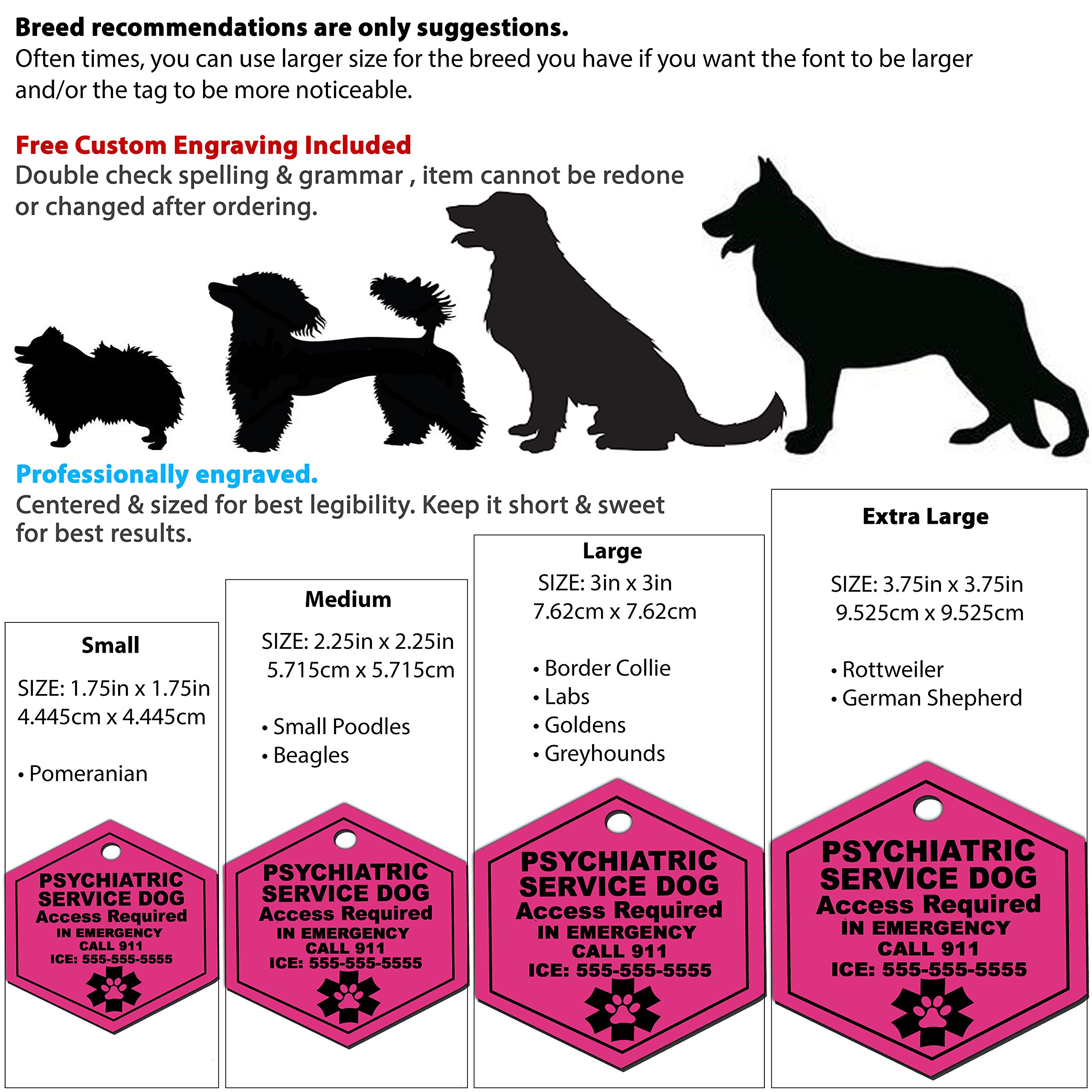 Custom Engraved Psychiatric Service Dog ID Tag - Hexagon Plastic - Made in USA - Ribbon Pink - Extra Large - Perfect for Therapy Dogs, Emotional Support Animals & Service Pets
