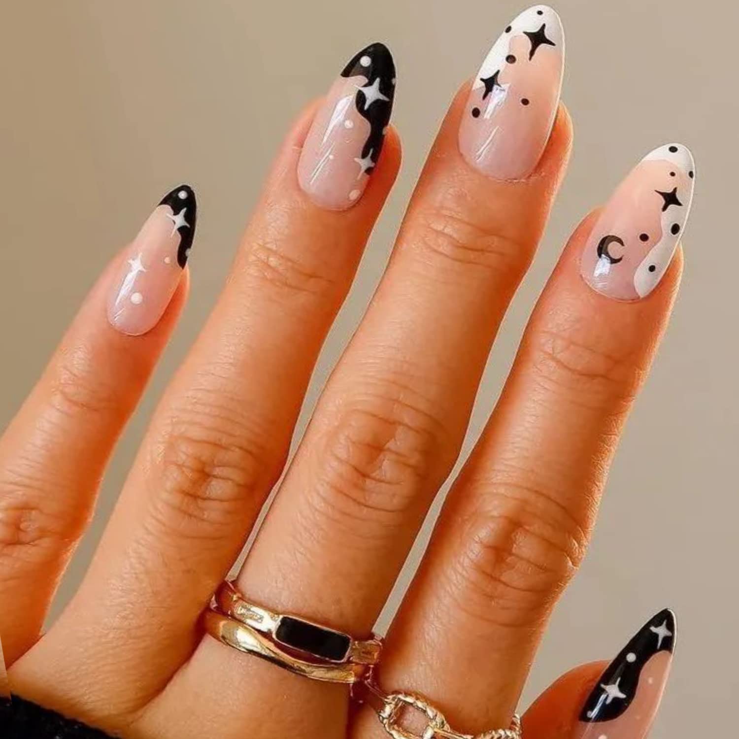 Glamermaid Black Press on Nails - Medium Almond Shape, Gothic Eyes & Dark Moon Design, Emo Crush Fake Nails for Women | Reusable Acrylic Nail Tips with Glue | Perfect for Halloween, Gothic Parties, and Dark Aesthetic Nail Art