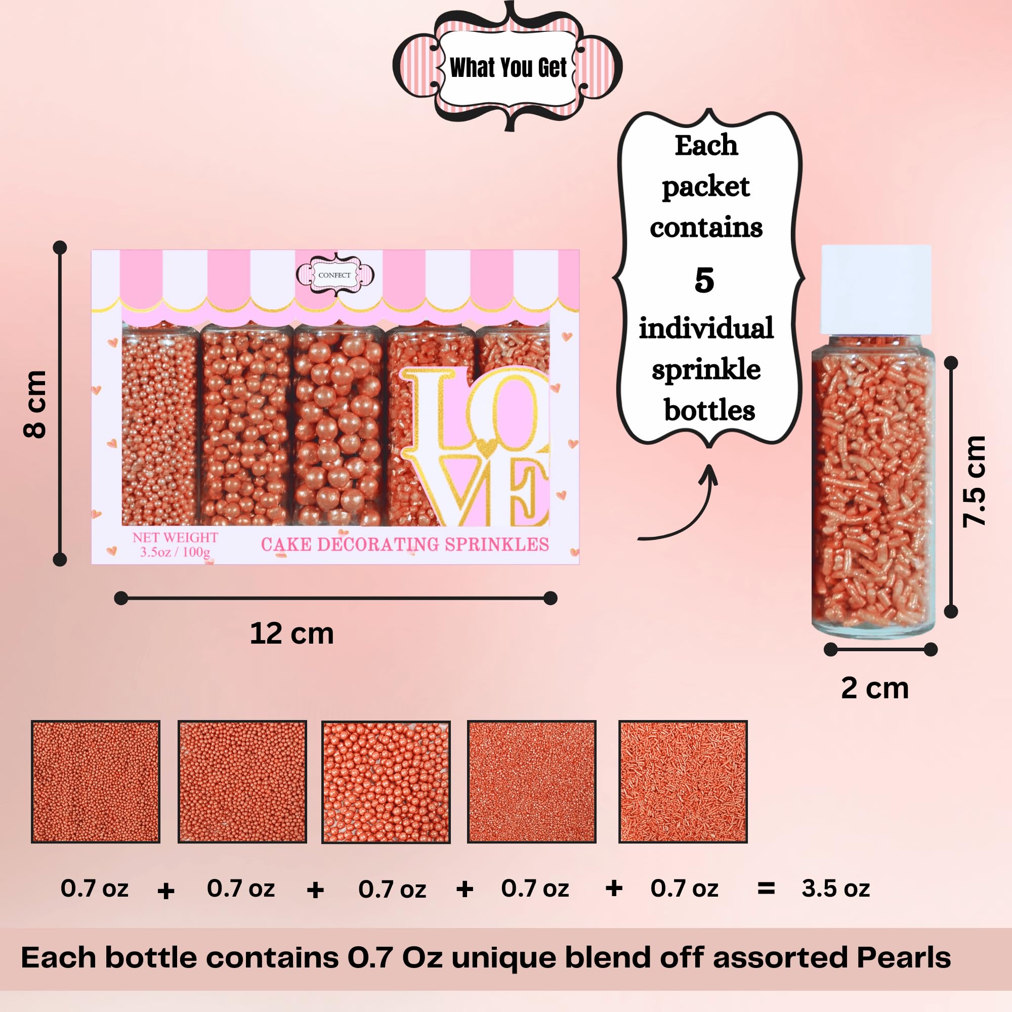 Premium Rose Gold Sprinkles Mix for Cake & Cupcake Decorating - 3.5 Oz | Edible Dragees, Jimmies & Sparkling Sugar | Perfect for Birthday Parties, Wedding Receptions & Dessert Toppings | Baking Essentials for Professional & Home Bakers