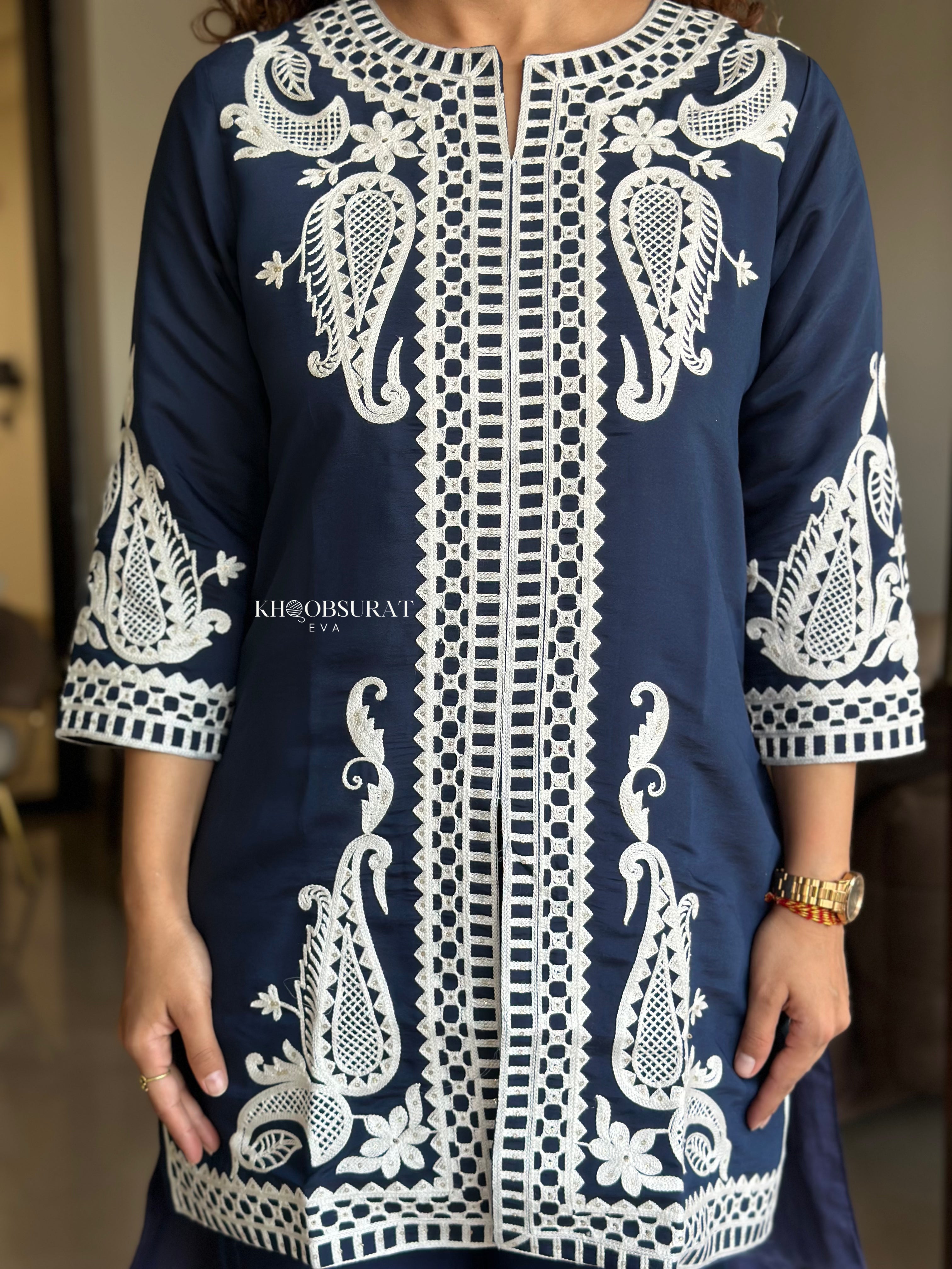 Sapphire Stitch Embroidered Blue Matching Outfit Set for Women - Elegant Lounge Wear & Casual Date Night Outfits