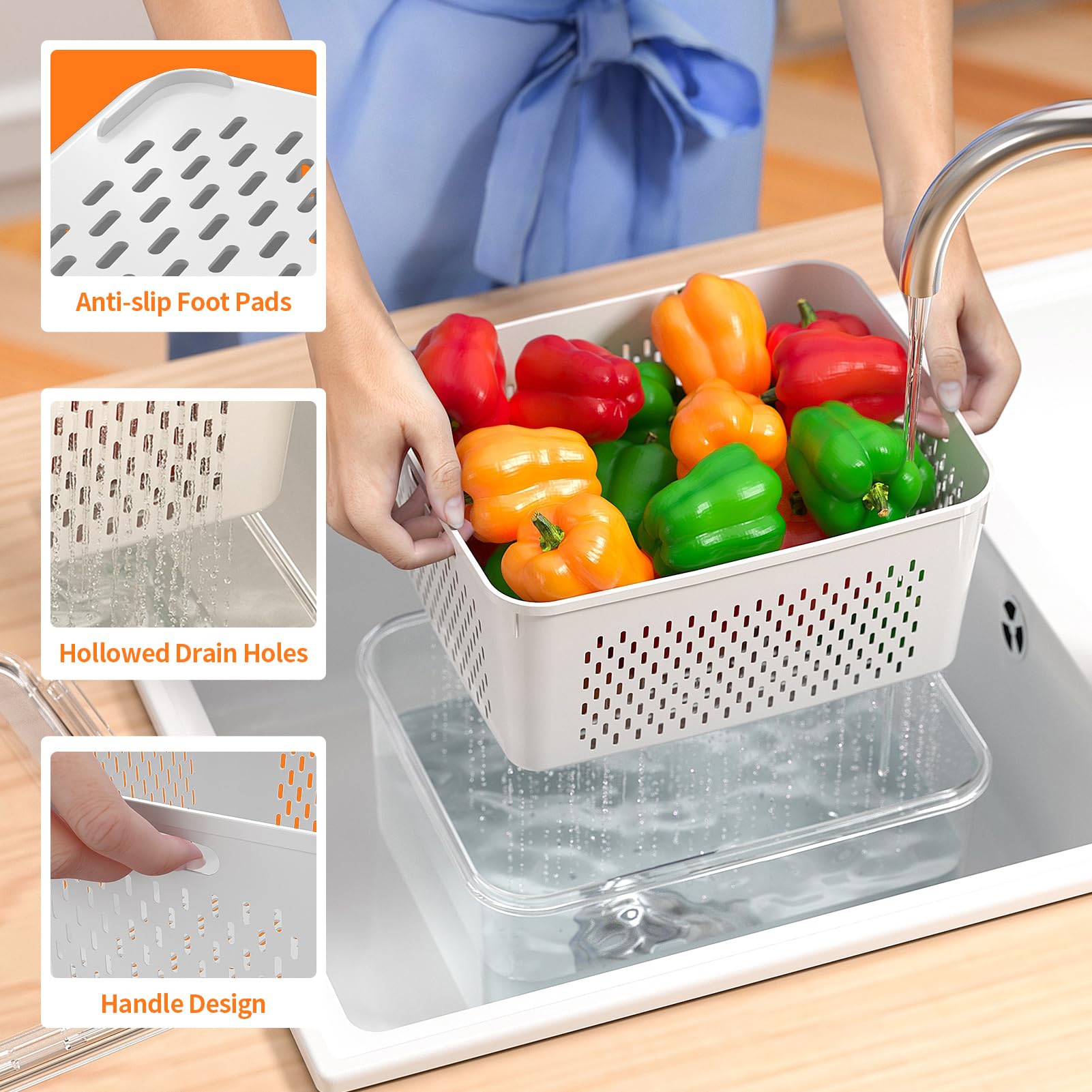 5-Piece Large Airtight Food Storage Containers with Removable Colanders & Lids - Keep Fruits, Vegetables, Meat Fresh Longer - Perfect for Fridge, Pantry, Meal Prep & Organization