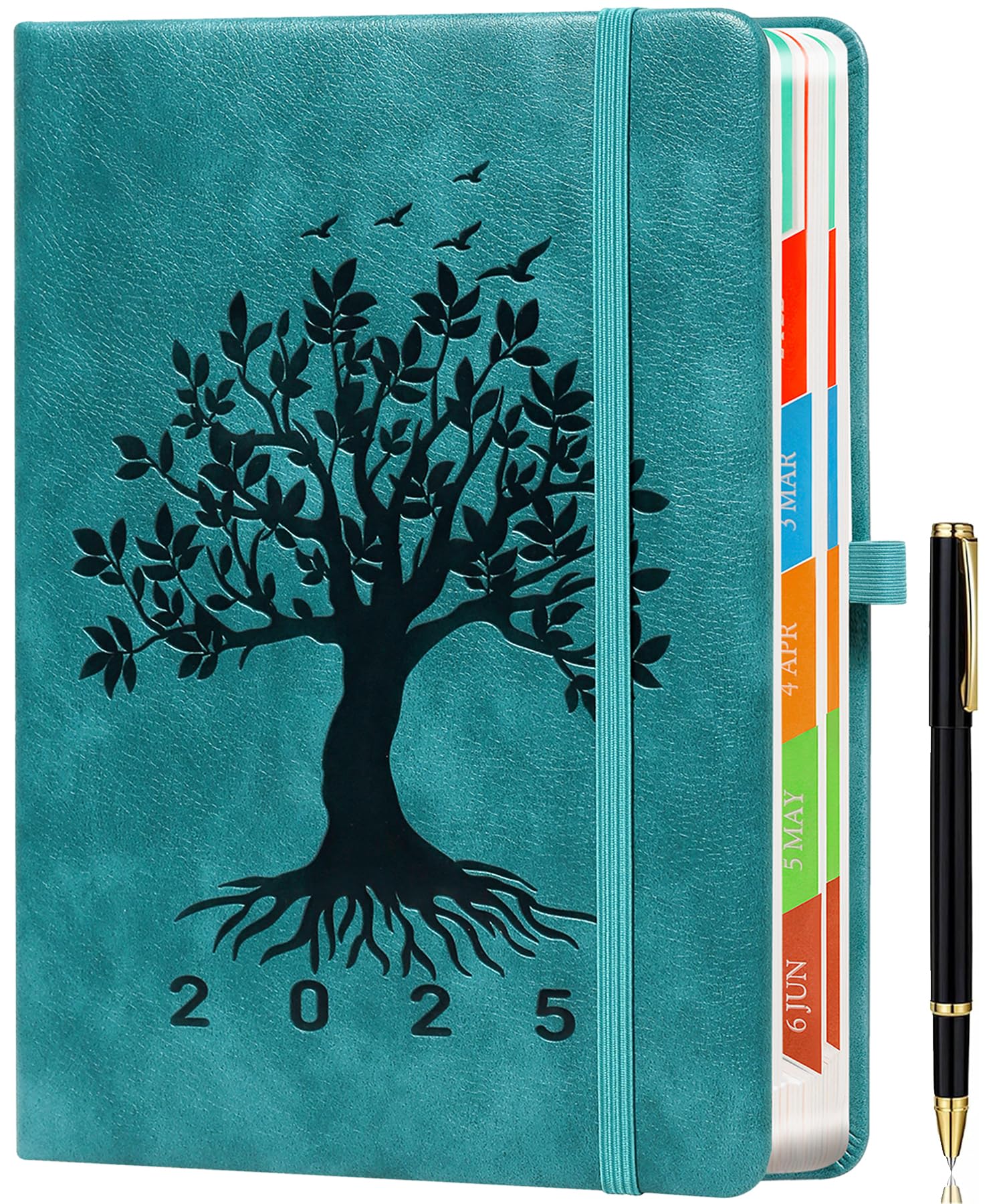 2025 A5 Daily Planner - One Page Per Day, January to December, Tree of Life Design | Includes Colorful Monthly Tabs, Pen Set & Inner Pocket | 5.9