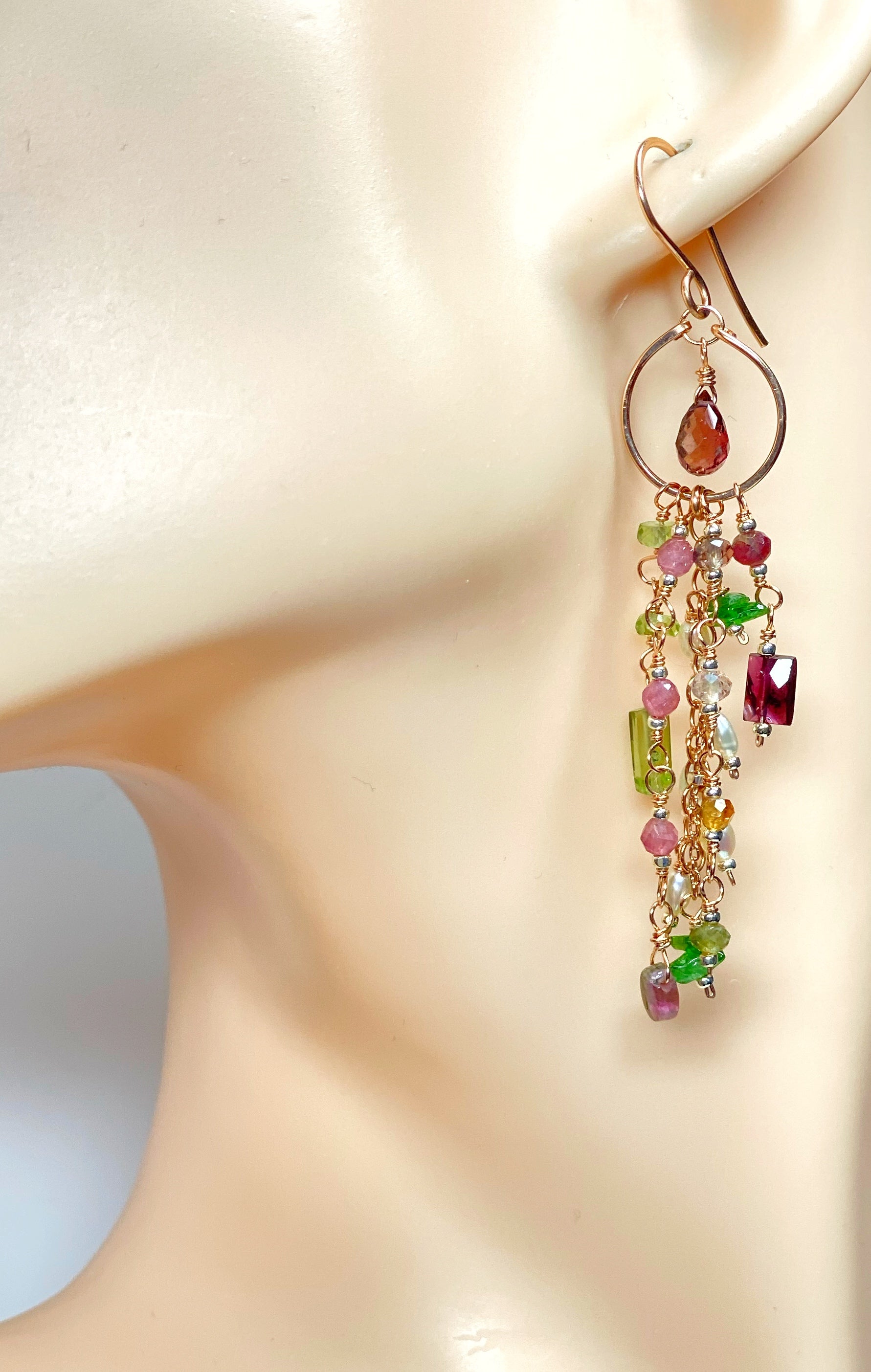 Rubellite Tourmaline Multicolor Gemstone Long Boho Dangle Earrings in Rose Gold - Elegant Bohemian Jewelry for Women, Perfect for Parties, Weddings & Everyday Wear
