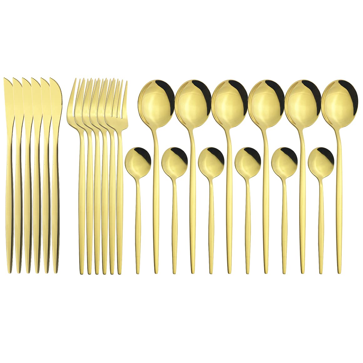 24-Piece Stainless Steel Gold Flatware Set - Elegant Dinner Knives, Forks & Coffee Spoons for Formal Dining, Wedding Registry & Luxury Table Settings