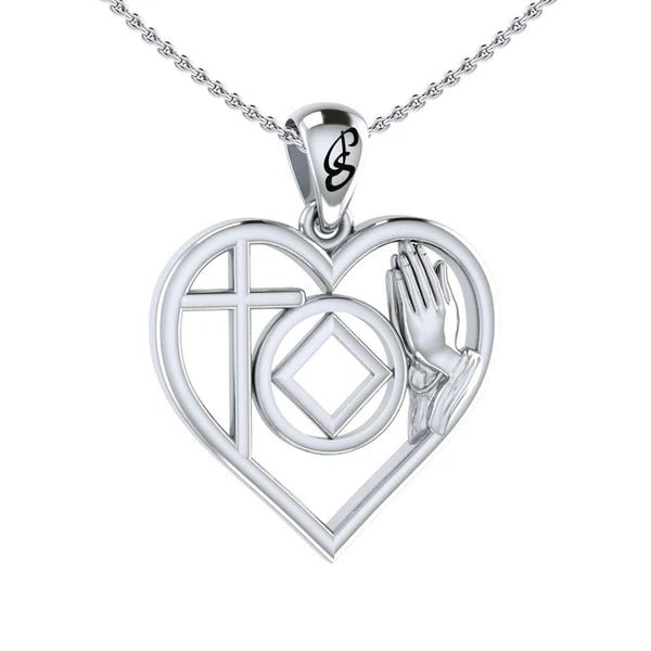 Faith & Christogram Heart Sterling Silver Recovery Pendant with AA/NA Symbol - Adjustable 18