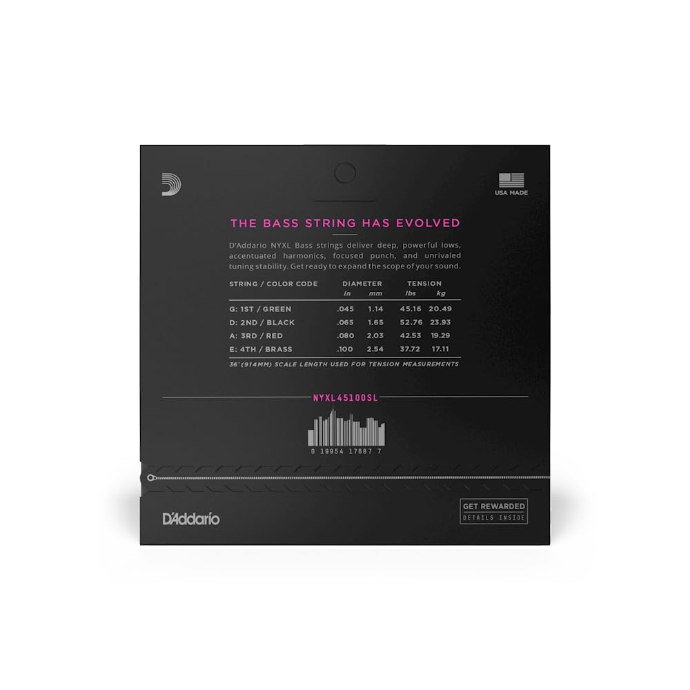 D'Addario NYXL45100SL NYXL Bass Guitar Strings - 45-100 Regular Light Gauge, Super Long Scale - Unrivaled Strength & Tuning Stability for 4 String Bass Guitars - Perfect for Live Performances, Studio Recording & Professional Musicians