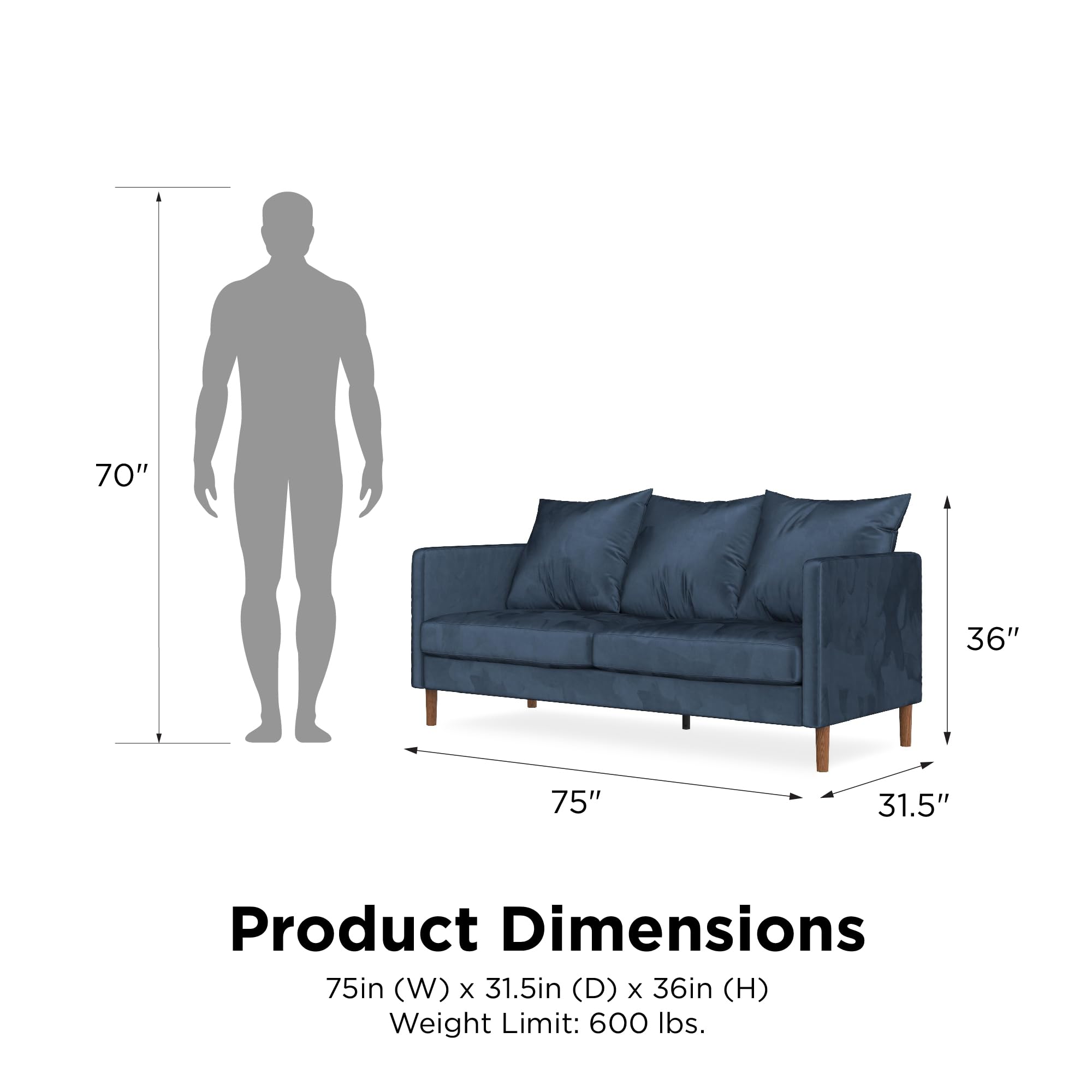 Novogratz Paige Modern Pillowback Sofa - Navy Blue Velvet Upholstered Couch for Living Room, Lounge & Apartment Decor | Stylish Comfortable Sectional Sofa
