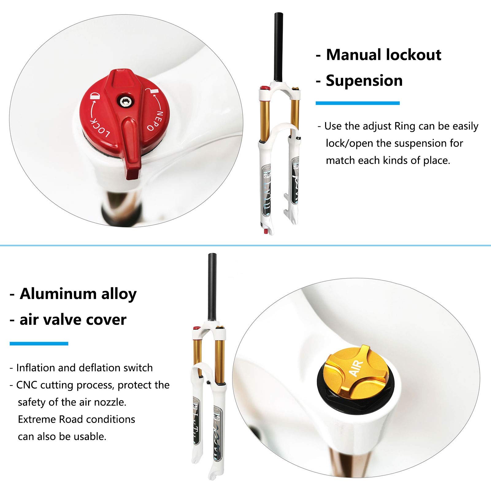 Mountain Bike Air Suspension Fork - 26/27.5/29 Inch Magnesium Alloy Front Fork with 140mm Travel, 9mm QR, Tapered Manual Lock Out (White) - Perfect for Trail Riding, Downhill & Cross-Country Cycling