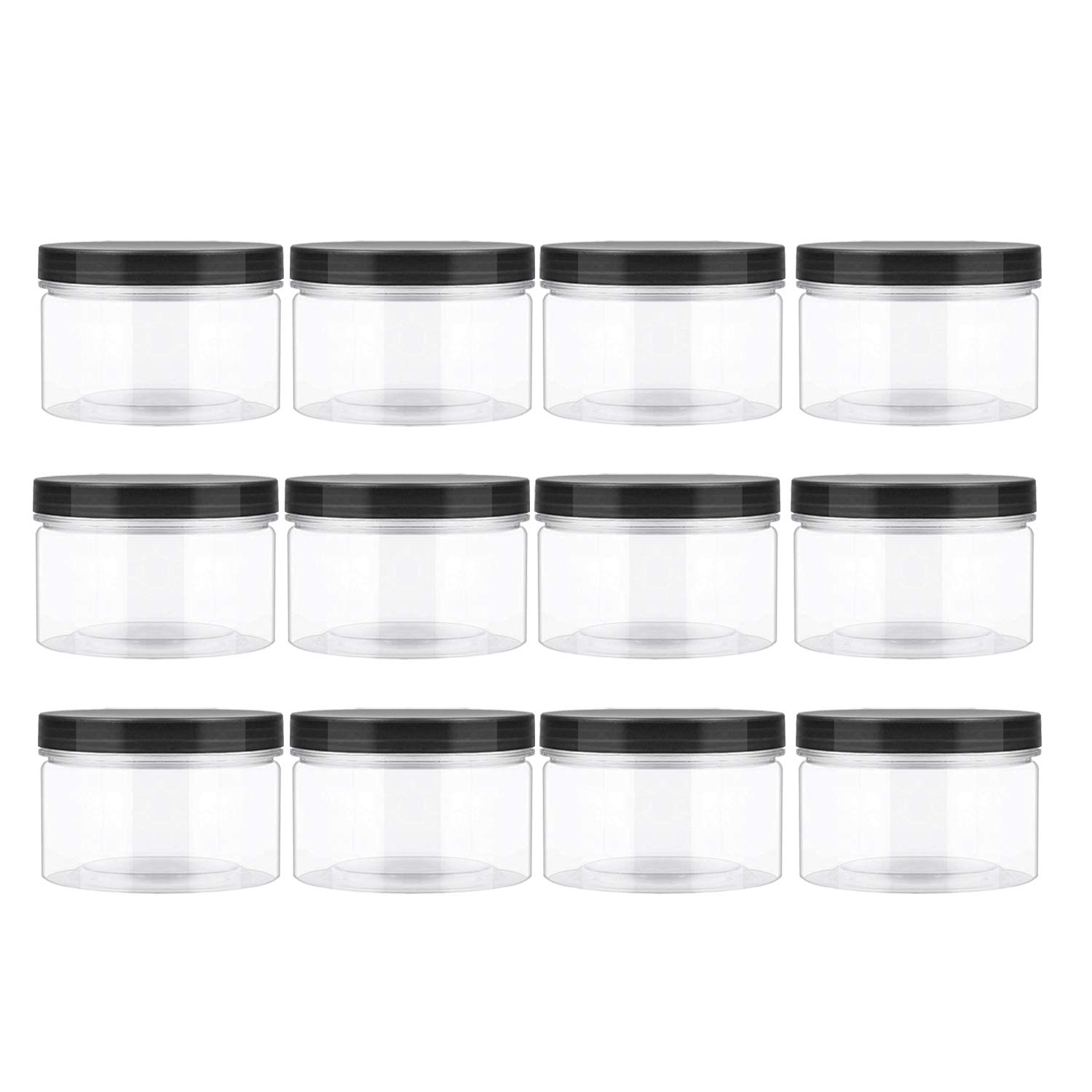 12 Pack 11.5oz (340ml) Clear PET Plastic Jars with Black Lids - BPA Free Wide Mouth Containers for Cosmetics, Creams, Slime Storage - Ideal for DIY Beauty Products, Craft Supplies & Home Organization