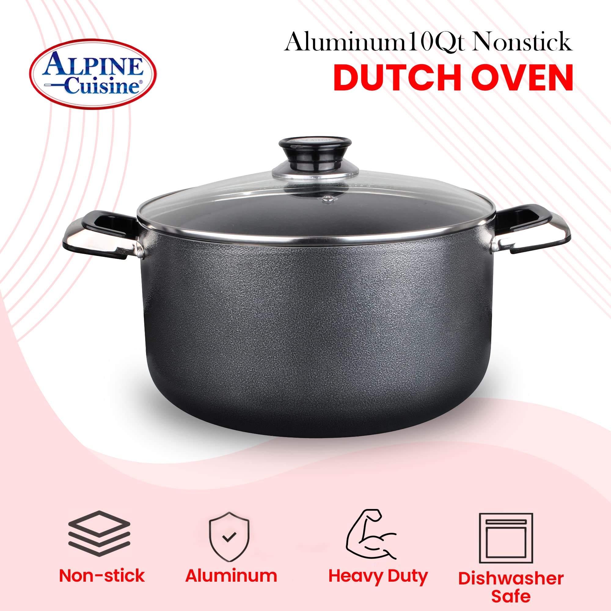 Alpine Cuisine 10 Quart Non-Stick Stock Pot with Tempered Glass Lid & Handles - Multi-Purpose Aluminum Dutch Oven for Braising, Boiling, Stewing - Perfect for Soups, Stews & Family Dinners
