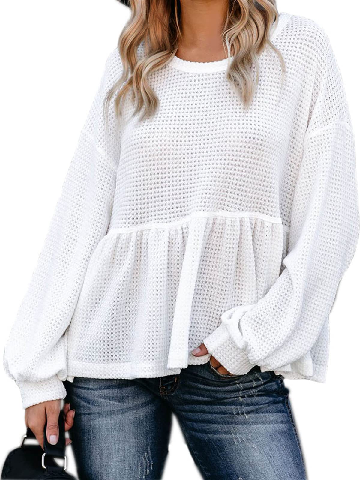 Women's Waffle Knit Long Sleeve Peplum Blouse with Ruffled Layered Hem - Casual Fall Tops for Work, Date Night & Everyday Wear