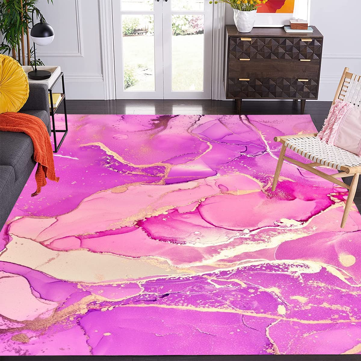 Purple Gold Marble Abstract Modern Area Rug 5x8 - Soft Thick Boho Chic Carpet for Girls Bedroom, Living Room & Dining Table Decor - Luxurious Large Floor Rug for Home Office, Farmhouse & Indoor Spaces - Perfect for Cozy Living Rooms, Stylish Bedrooms and Elegant Dining Areas