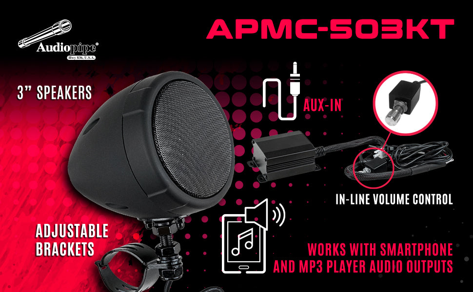 3” Motorcycle Amplified Speaker System (APMC 503KT) - Waterproof Bluetooth Audio for Harley, Honda, Yamaha Bikes - Perfect for Road Trips & Outdoor Adventures