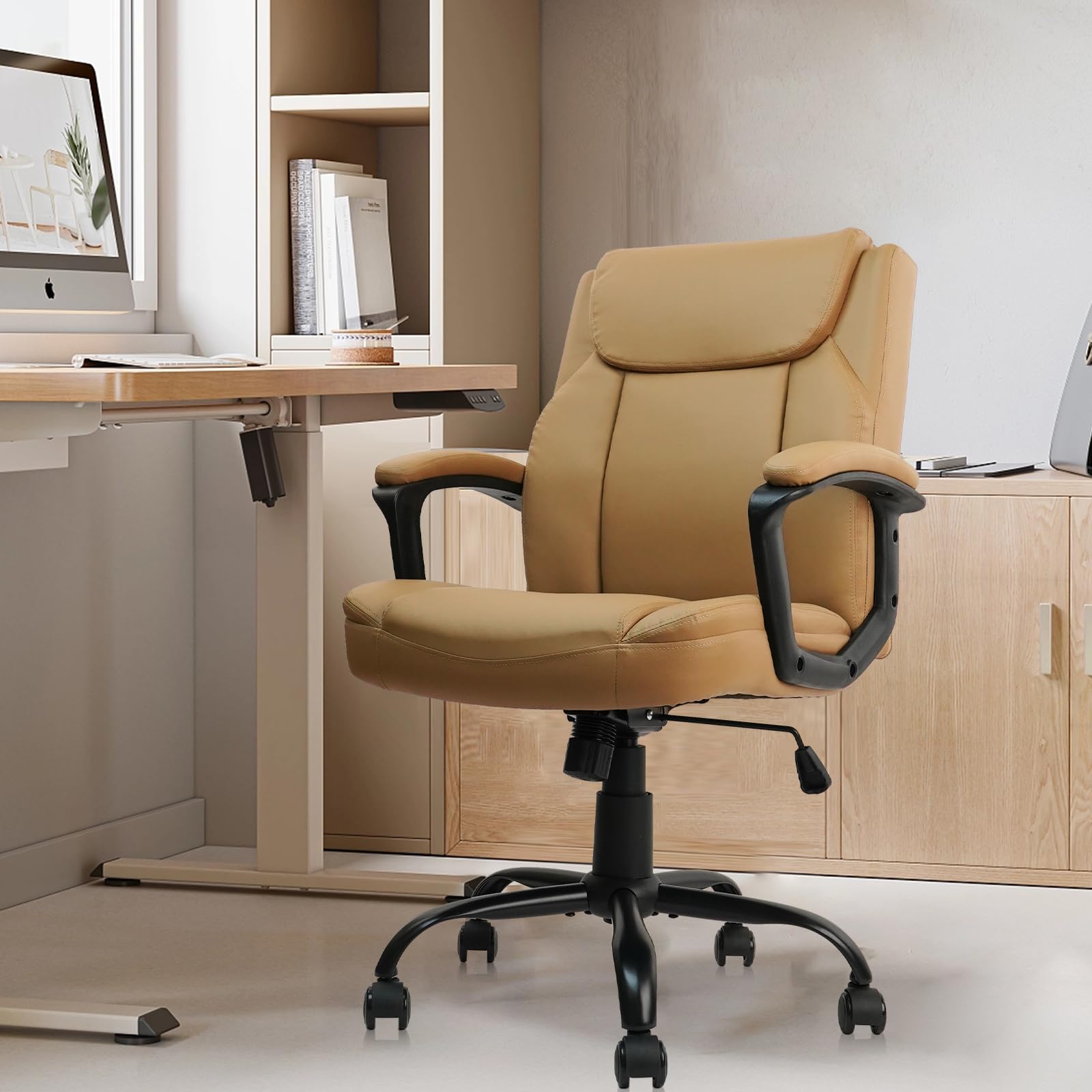 CLATINA Brown PU Leather Executive Office Chair - Adjustable Height, Swivel, Mid-Back with Thick Cushion & Fixed Armrests - 4 Pack Set for Home Office, Gaming & Workspace (Brown)