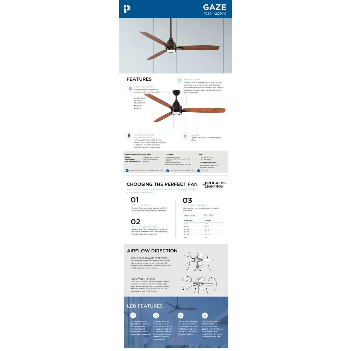 Progress Lighting P2554-2030K 3-Blade Bronze Ceiling Fan with Light Kit - Perfect for Living Room, Bedroom & Patio Cooling