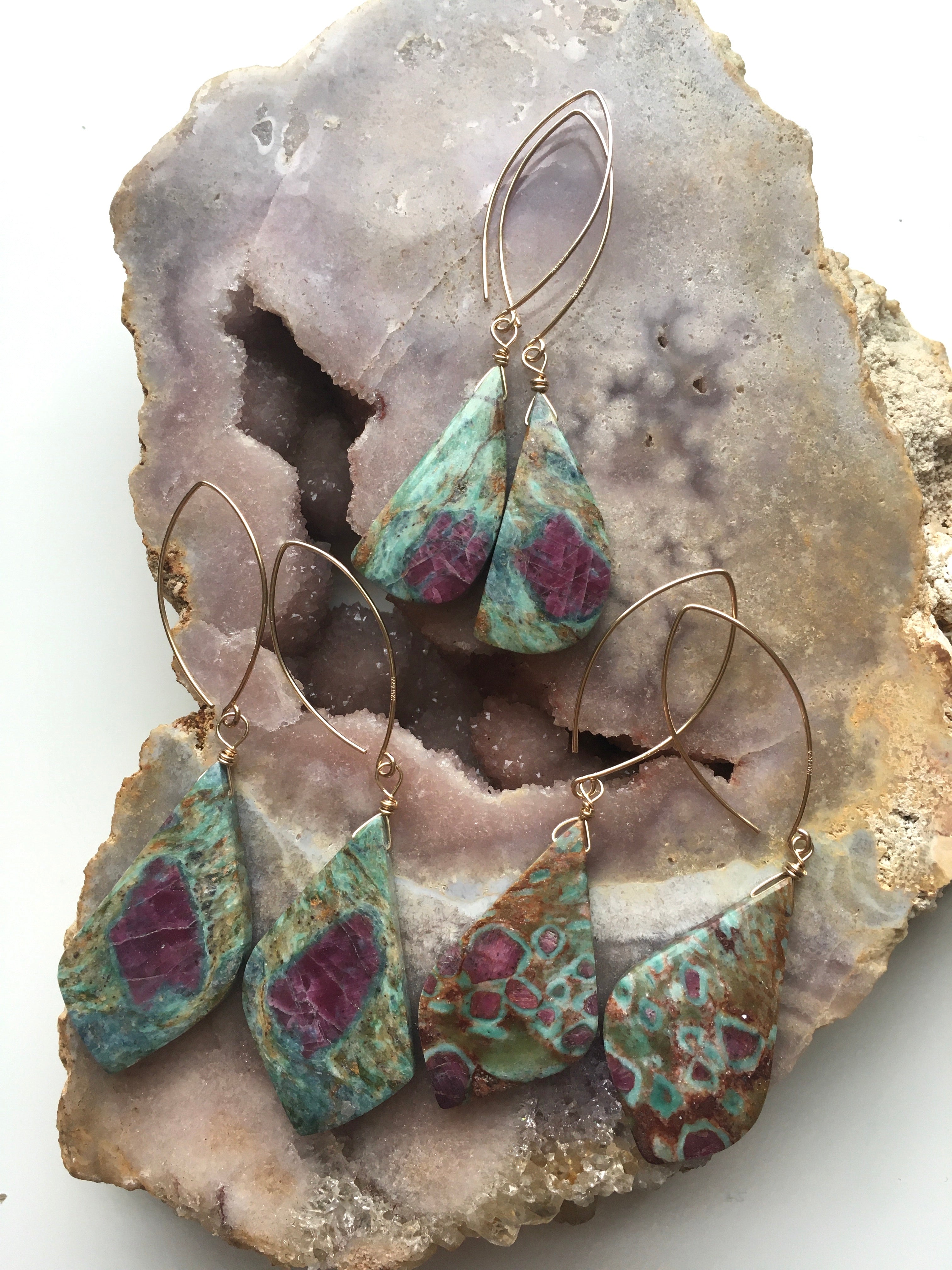 Large Statement Ruby in Fuchsite Earrings | Raw Crystal Stone Jewelry | July Birthstone Gift for Women | Elegant Dangle Earrings for Weddings, Parties & Special Occasions