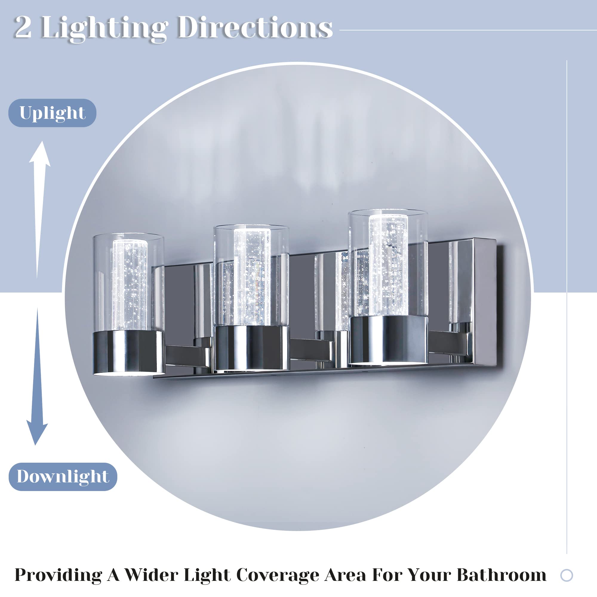 Modern Chrome LED Bathroom Vanity Light Fixture - 3 Light Crystal Bubble Glass Cylinder Design for Bathroom Mirror (6400K) | Perfect for Bathroom, Powder Room & Dressing Room Lighting