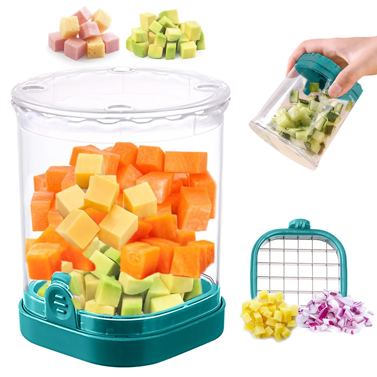 Fruit and Vegetable Chopper Cup - Multi-Functional Dicer with Push Plate - Detachable Cutter for Fast Slicing - Kitchen Gadget & Home Essential (Dark Blue) - Perfect for Meal Prep, Salads, Baby Food, and Quick Snacks