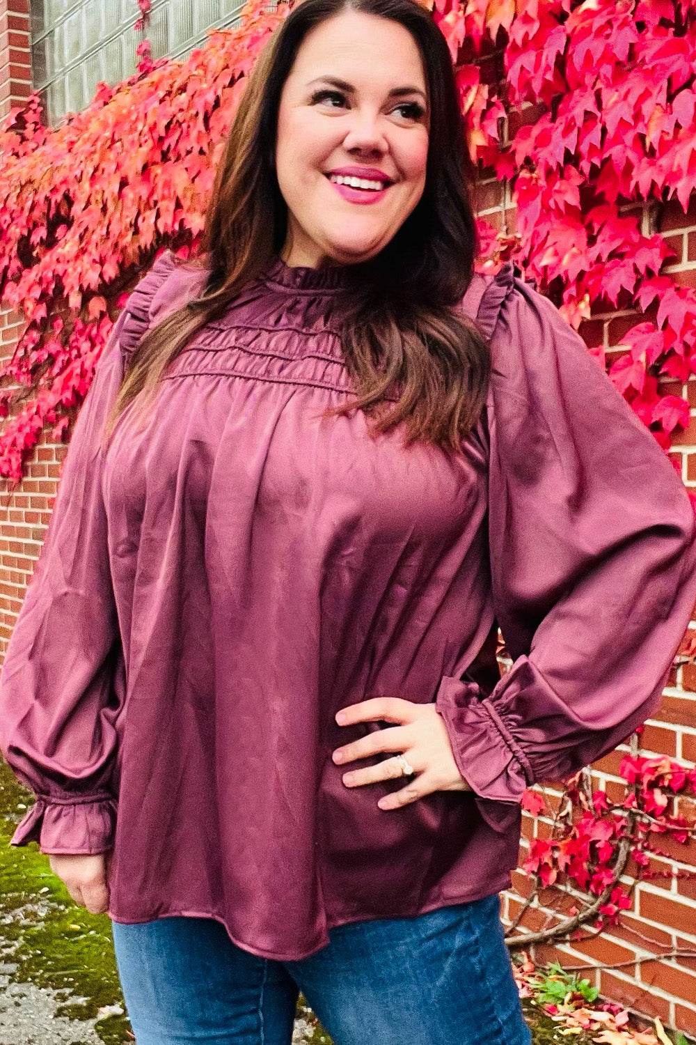 Stylish Wine Satin Shirred Yoke Frilled Mock Neck Top for Women | Elegant Blouse for Date Night, Parties & Special Occasions