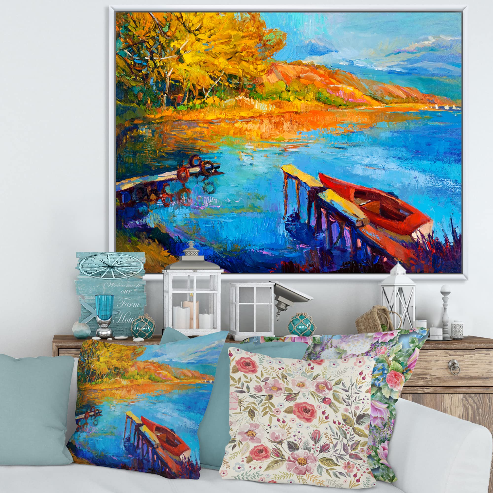 Sunset Evening Glow At The Lake II - Framed Canvas Wall Art Print for Living Room, Bedroom & Office Decor - Lake House Landscape Painting - Ready to Hang Home Decoration