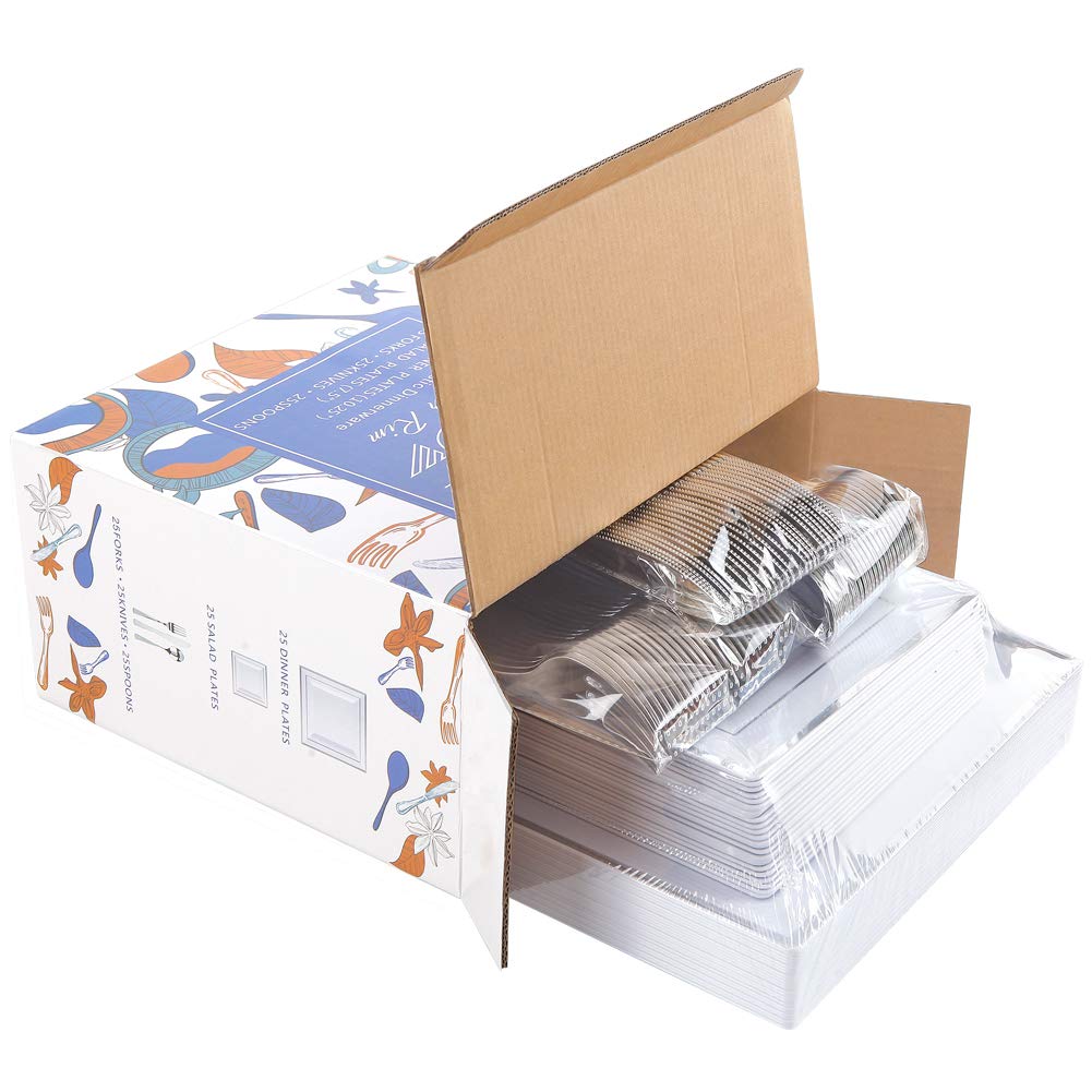 125-Piece Silver Plastic Dinnerware Set - Disposable Square Plates with Silver Rim & Cutlery (25 Dinner Plates, 25 Salad Plates, 25 Forks, 25 Knives, 25 Spoons) - Perfect for Parties, Weddings, and Catering Events